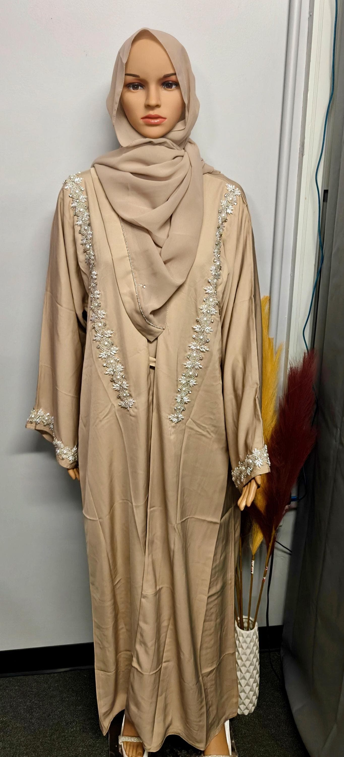 Elegant Beige Beaded Abaya – Modest Luxury Open Front Abaya with Hand Embellished Details - image 5