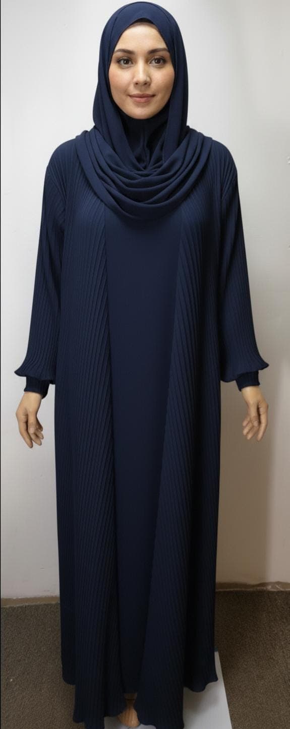 Pleated Abaya Kimono: Modest Fashion Dubai Dress with Headscarf & Belt - image 3