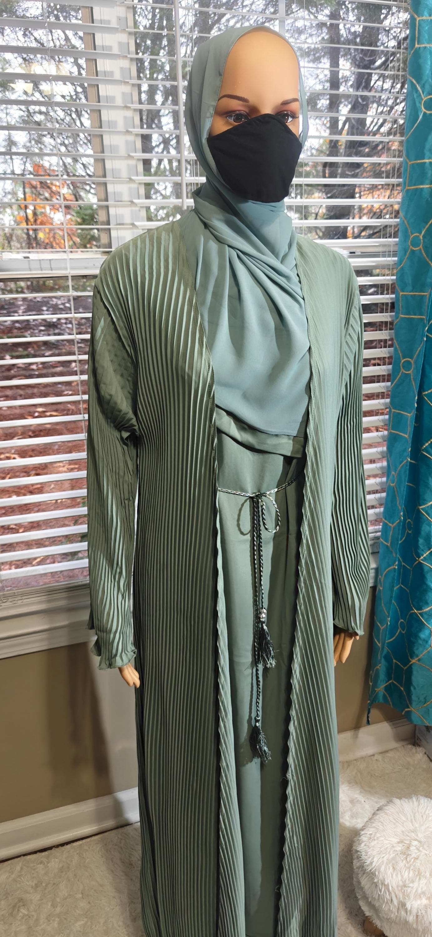Light Sage Pleated Abaya Kimono: Dubai Modest Fashion with Headscarf & Belt - image 4