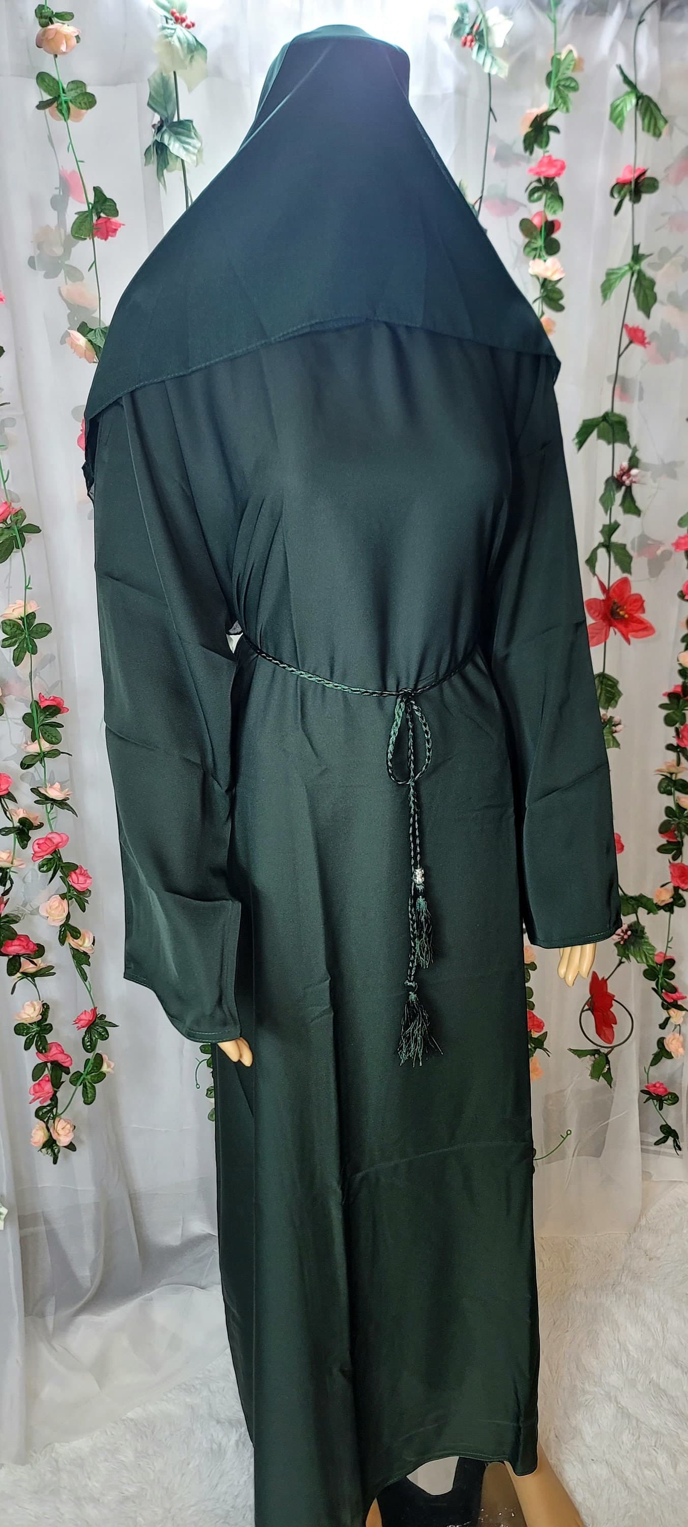 Green Abaya Dress: Modest Fashion Kimono with Headscarf & Belt - image 4