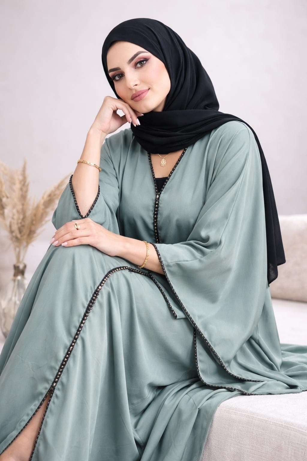 Pistachio Beaded Abaya Kimono: Dubai Modest Fashion, Nidah Fabric - image 3