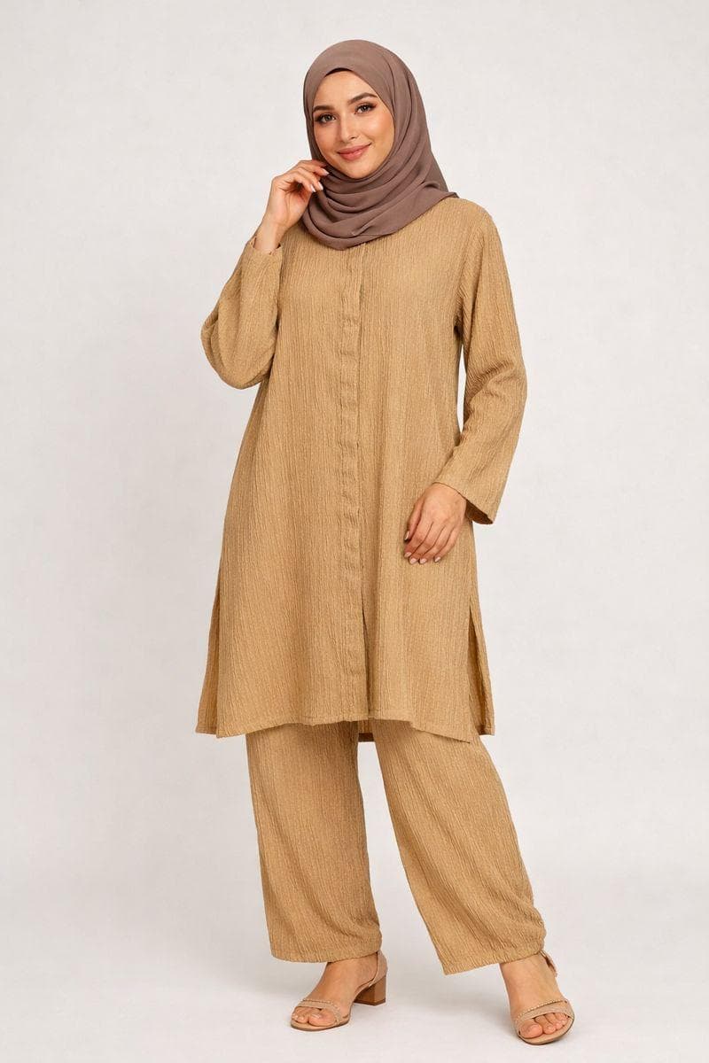 Beige Co-ord Set, Collared Button Ups Long Tunic and Pants with Pockets