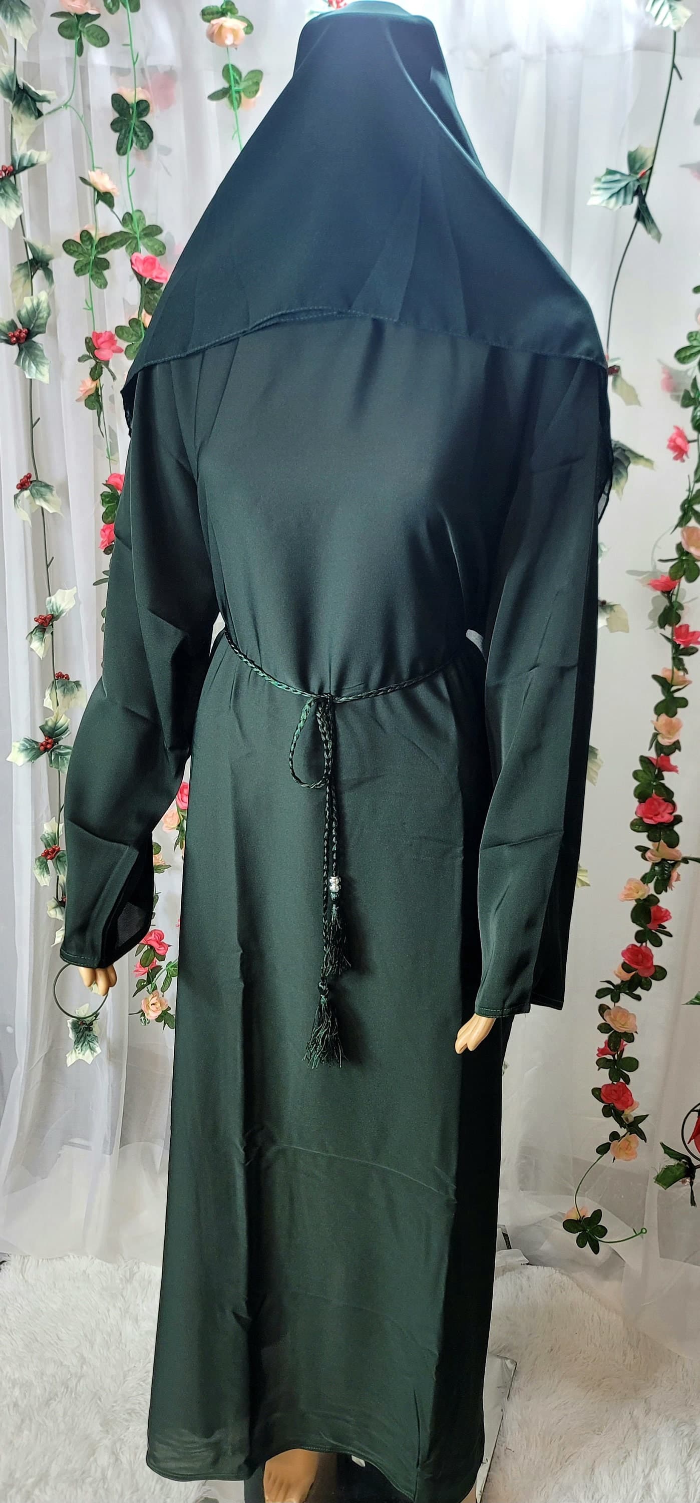 Green Abaya Dress: Modest Fashion Kimono with Headscarf & Belt
