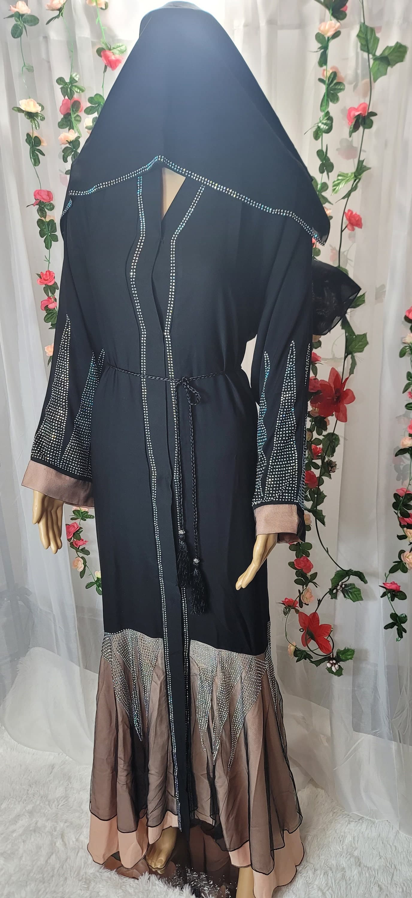 Rhinestone Black Abaya: Dubai Modest Fashion Kimono with Headscarf & Belt - image 5