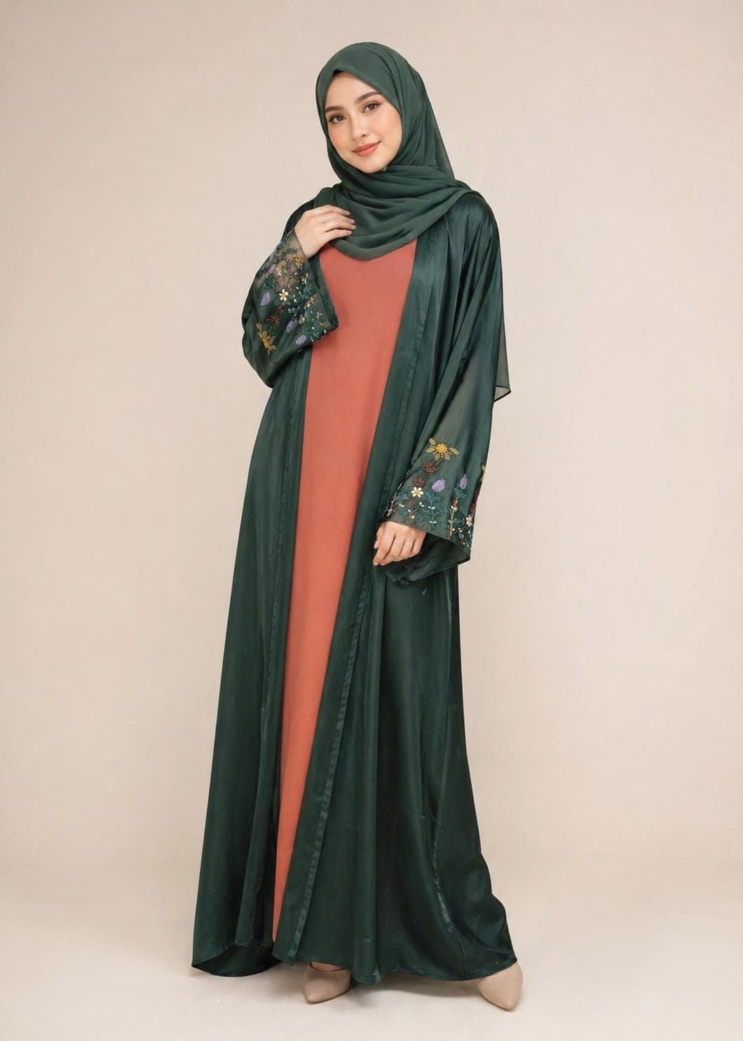 Luxury Dubai Nida Abaya Set with Hand Embroidery – Elegant Modest Wear (Green & Rust) - image 3