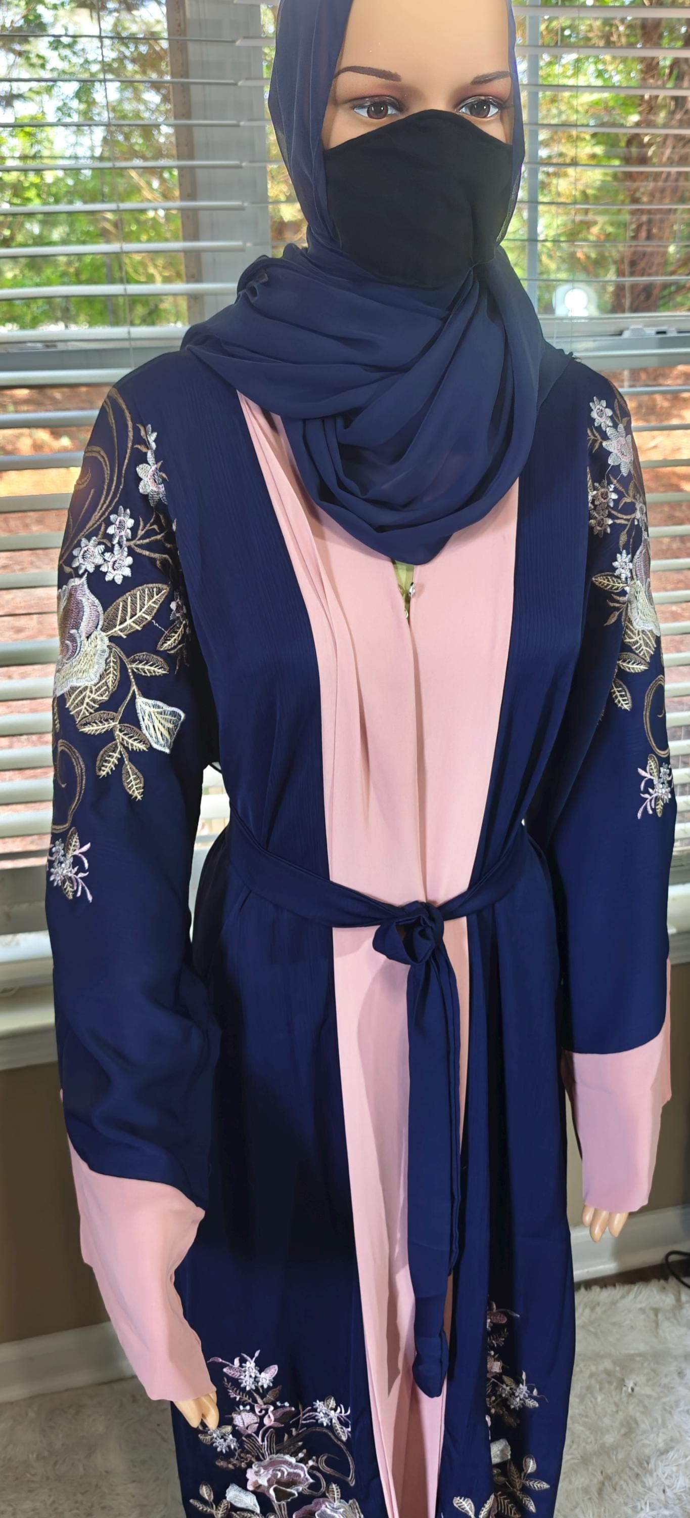 Embroidered Abaya Kimono: Navy Blue Modest Fashion Dress, Headscarf & Belt - image 3