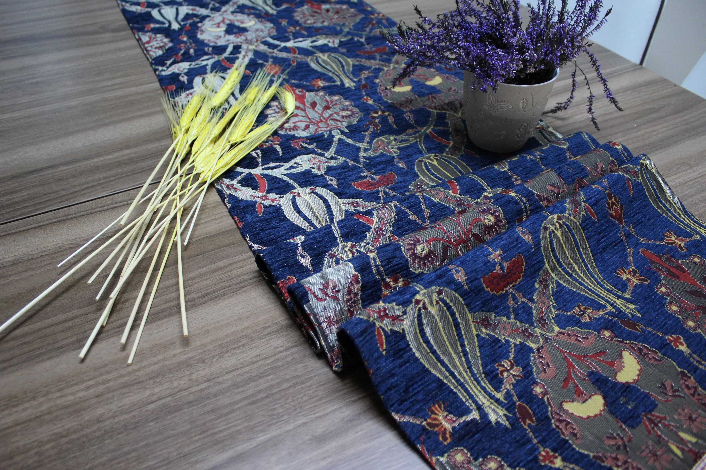 Dark Blue Turkish Table Cloth Runner, Tulip Design Floral Boho Table Runner For Wedding, Gray Table Cover ,Table Decoration,  RNR214 - image 4