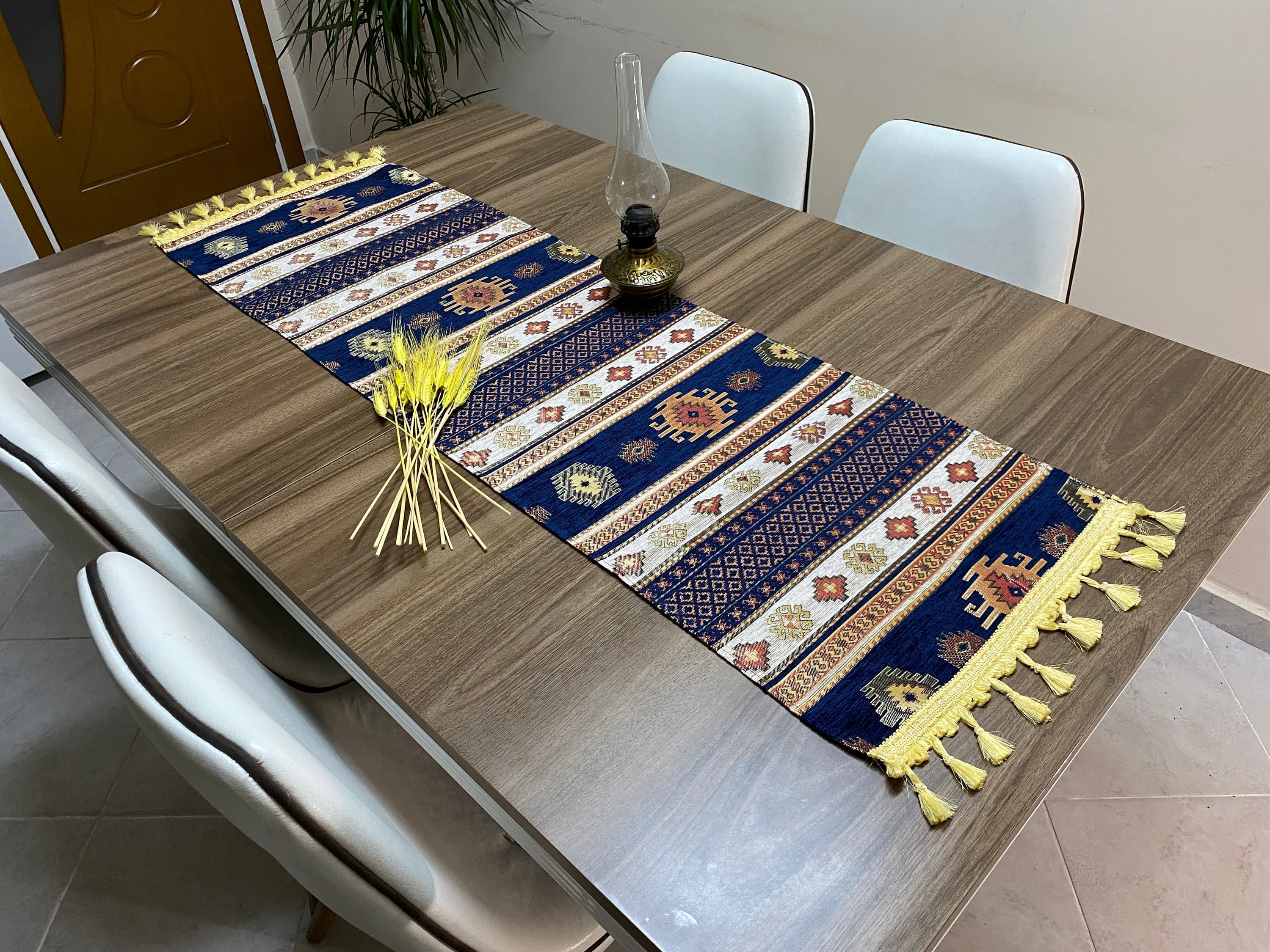 Dark Blue Kilim Pattern Turkish Coffee Table Cloth Runner,  Aztec Boho Wedding Oriental Table Runner, Cream Diner Table Runner, RNR286
