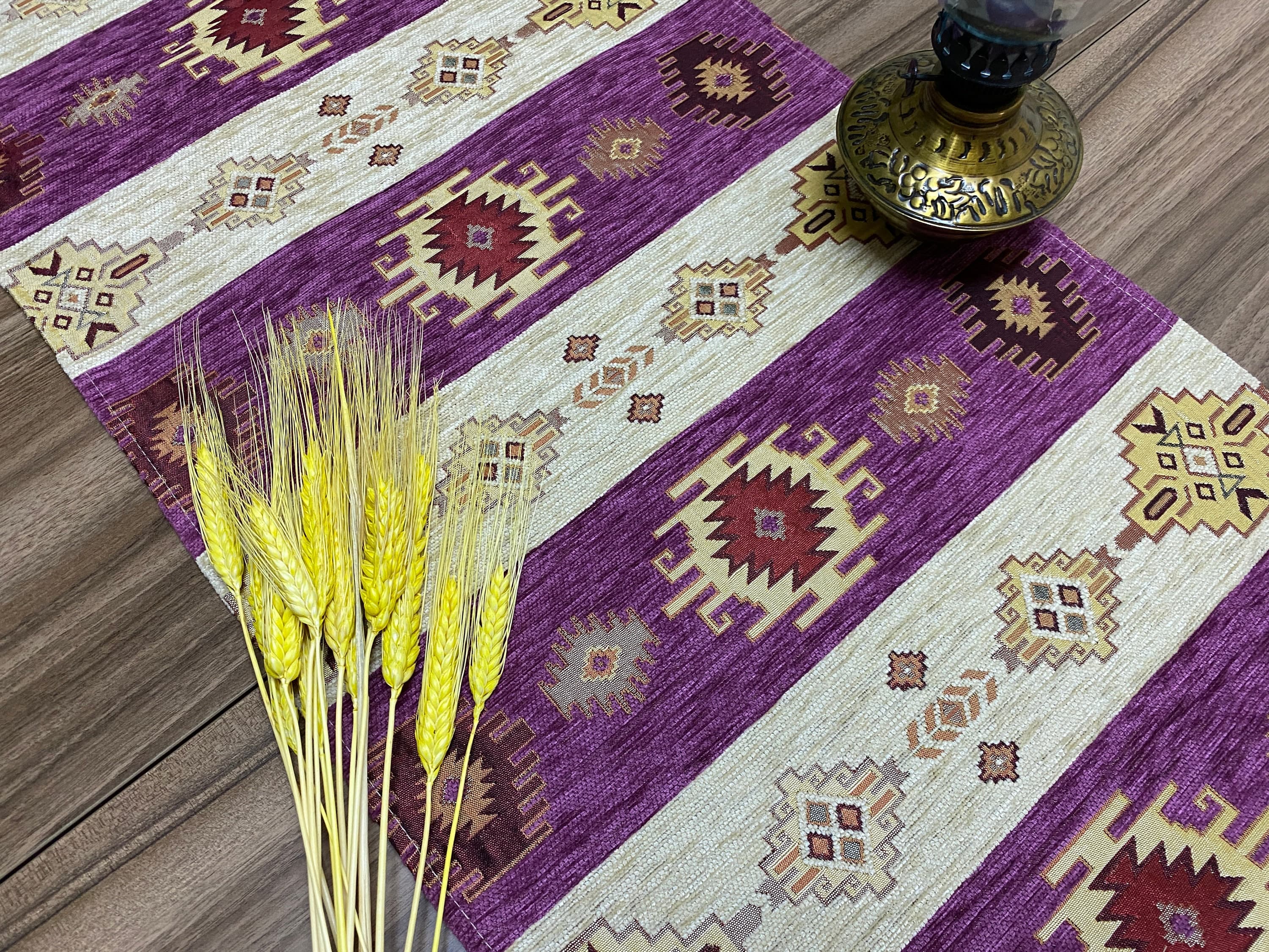 Lilac Kilim Pattern Turkish Coffee Table Cloth Runner,  Aztec Boho Wedding Oriental Table Runner, Cream Diner Table Runner, RNR281 - image 3