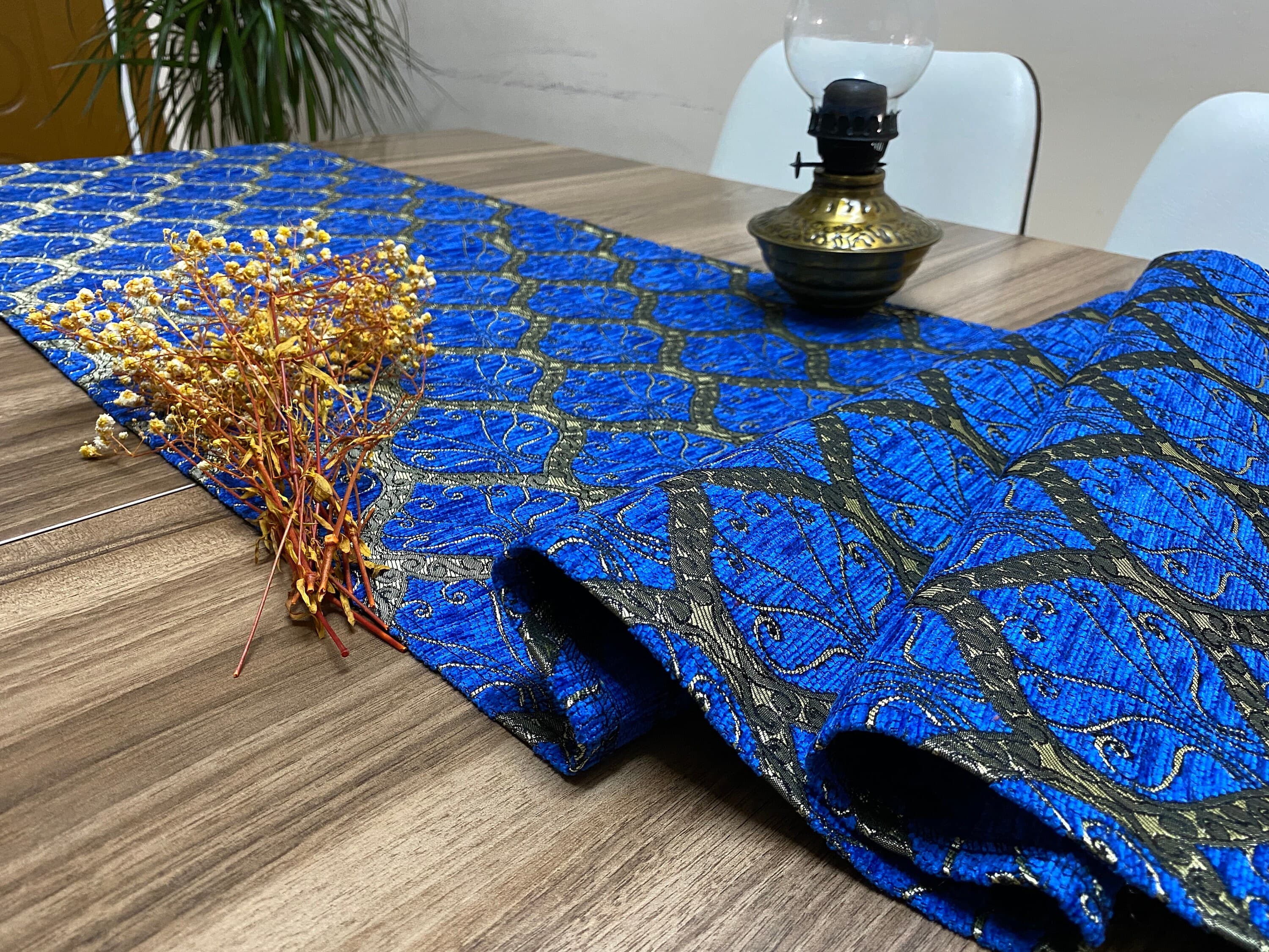 Vibrant Blue Peacock Tail Pattern Turkish Coffee Table Cloth Runner,Home Boho Wedding Oriental Table Runner, Gray Diner Table Runner, RNR421 - image 4