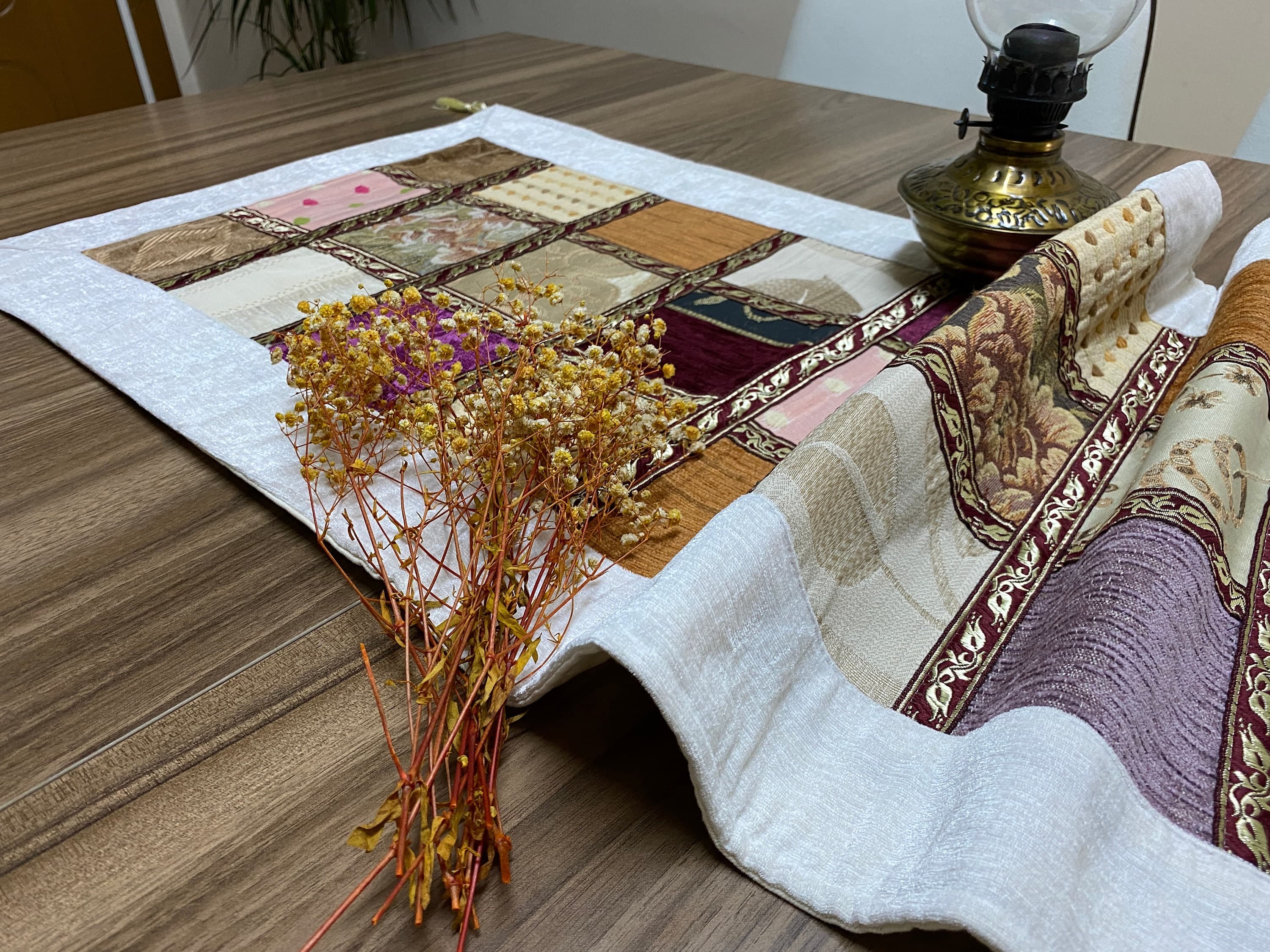 White Patchwork Pattern Turkish Coffee Table Cloth Runner, Small  Boho Wedding Oriental Table , Diner Table Runner, RNR353