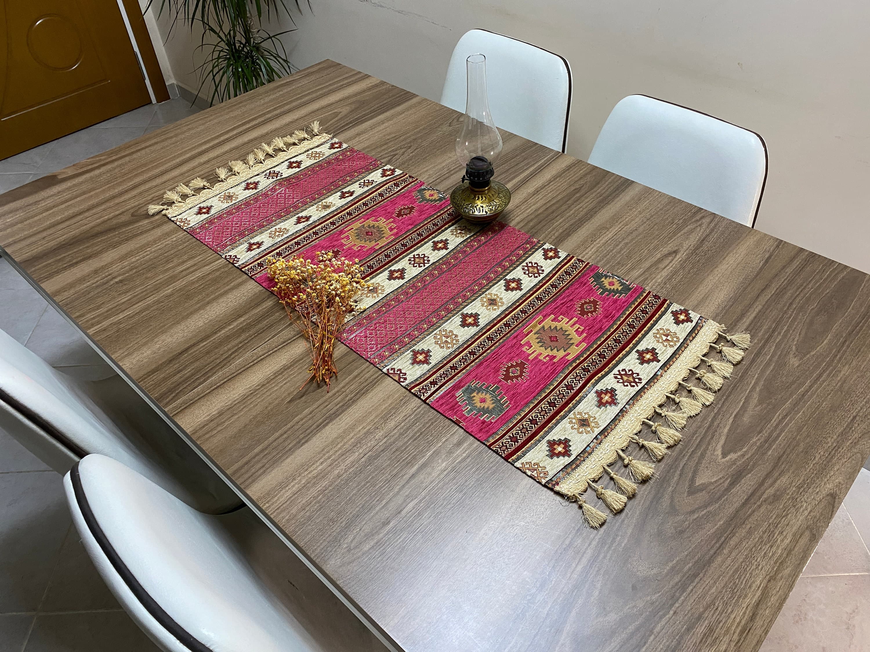 Fuchsia Kilim Pattern Turkish Coffee Table Cloth Runner, Actec Small Home Boho Wedding Oriental Table Runner, Diner Table Runner, RNR350 - image 3