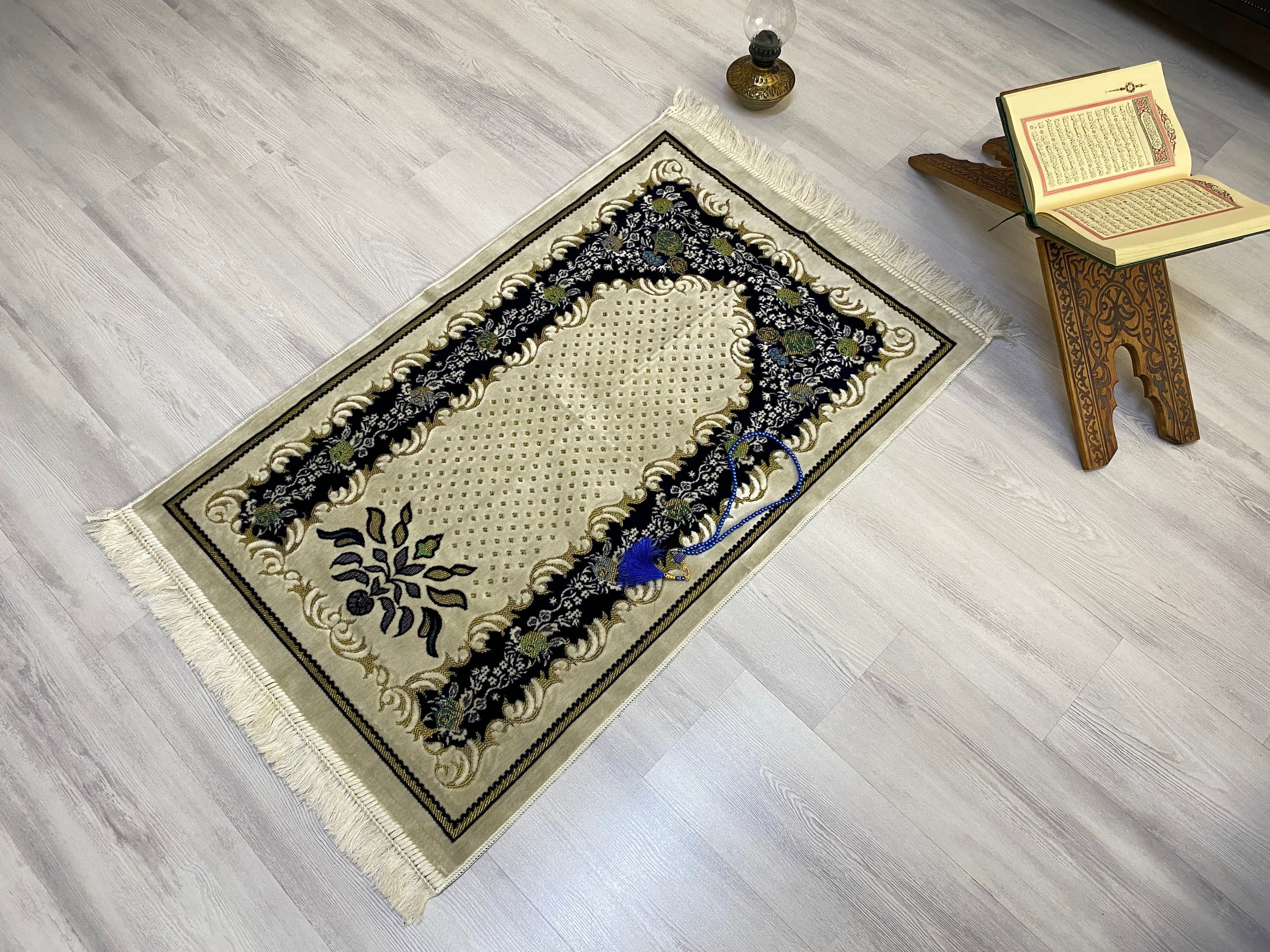 Cream Dark Blue Prayer Mat, Sejadah Prayer Mat with Tasbeeh,Muslim Wedding Gift, Prayer Rug, Muslim Janamaz, Islamic Gift, RNR535