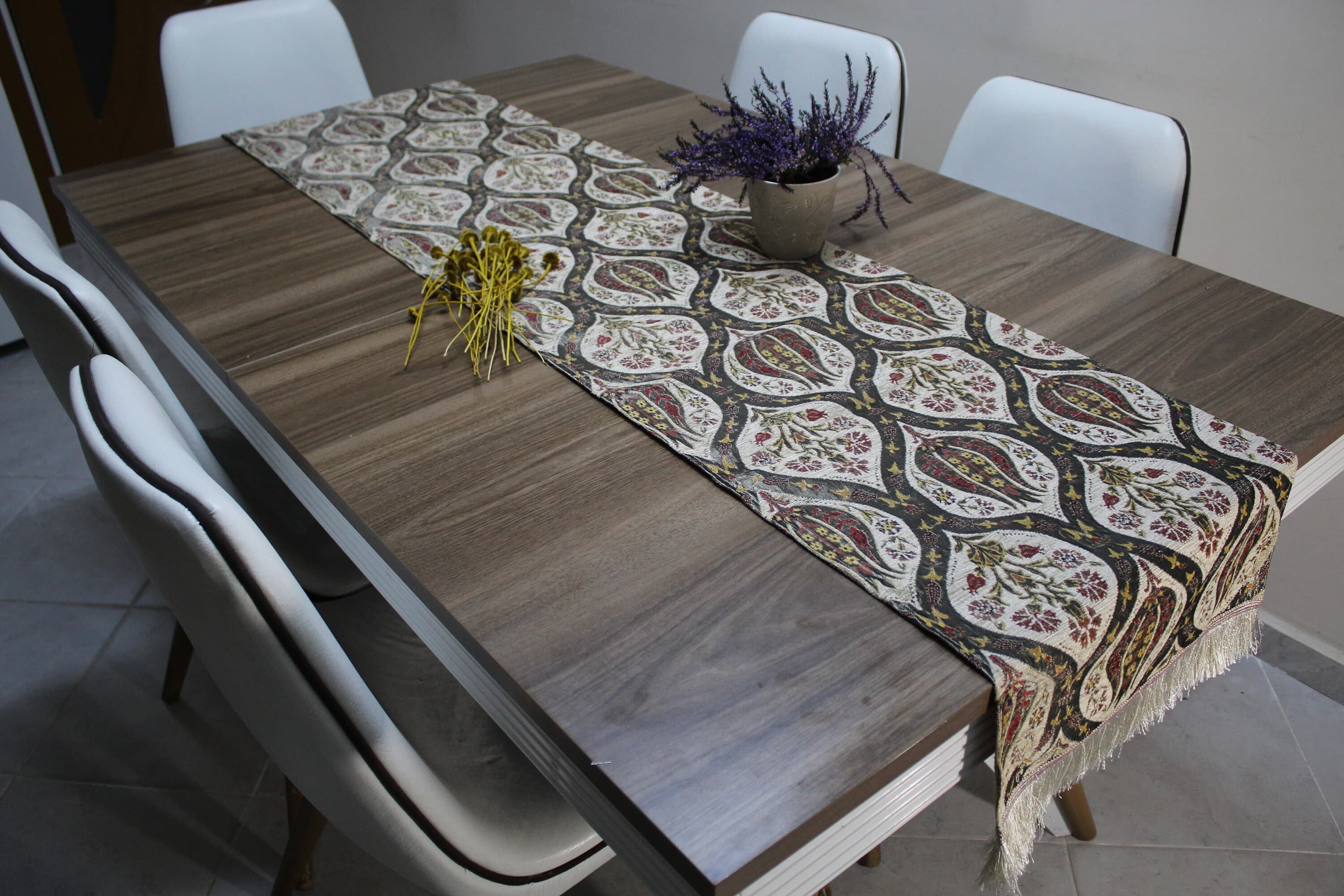 Cream Turkish  Table Cloth Runner, Tulip Design Floral Boho Table Runner For Wedding, Burgundy Table Cover,Coffee Table Runner,RNR182