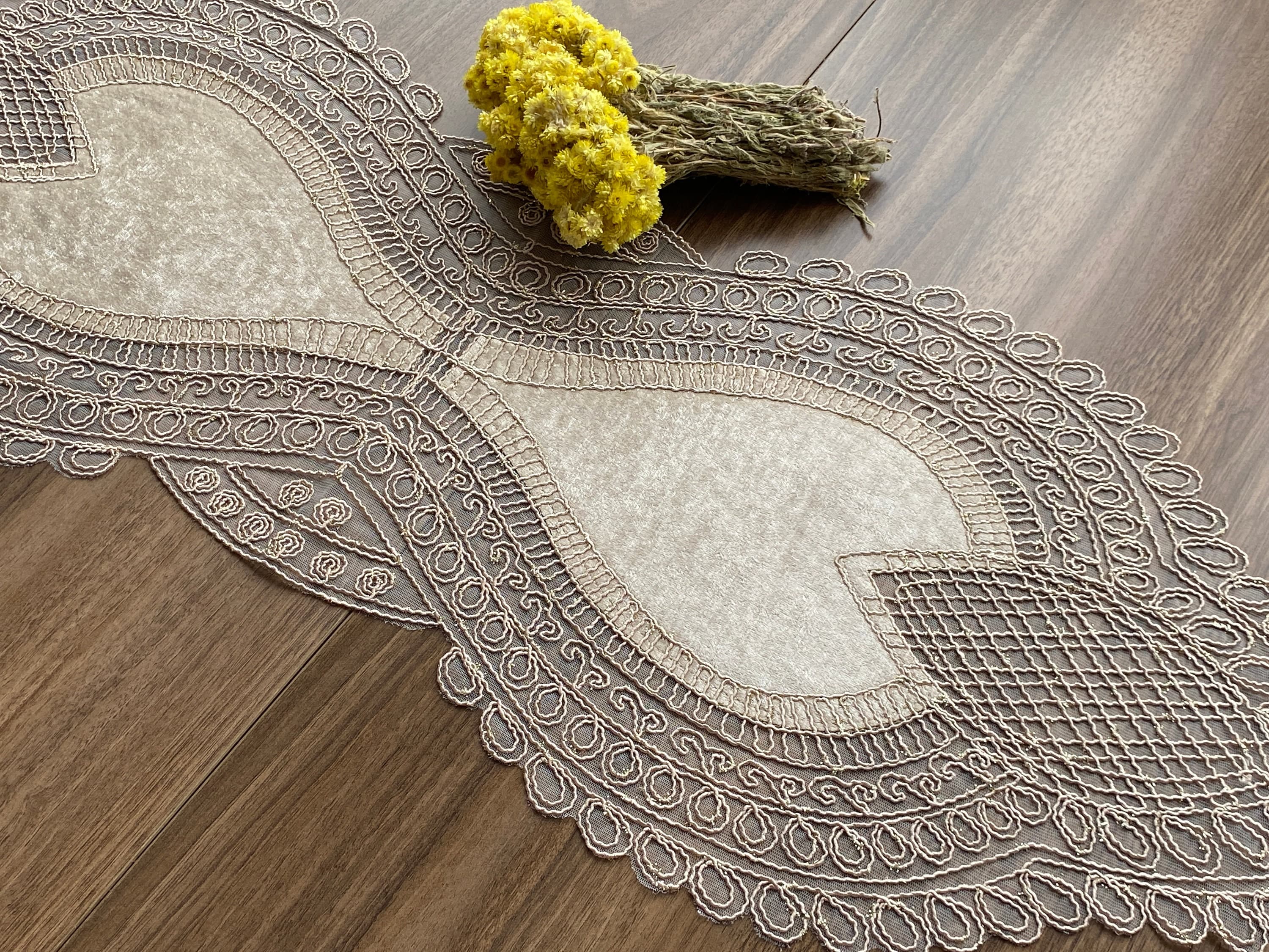 Cappuccino French Lace Table Runner, Vintage Style French Shabby chic For Wedding Table, Rustic Lace Runner, Elegant Table Runner, LC213 - image 3