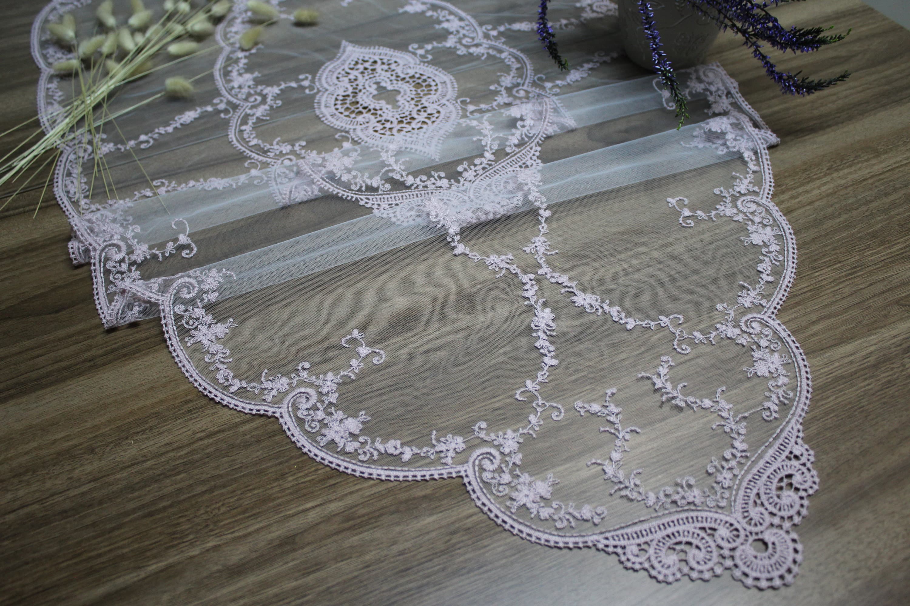 Light Pink French Lace Table Runner, Vintage Style French Tablecloth For Wedding Table, Linen Lace Runner Vintage, French Soft Lace, LC108 - image 4