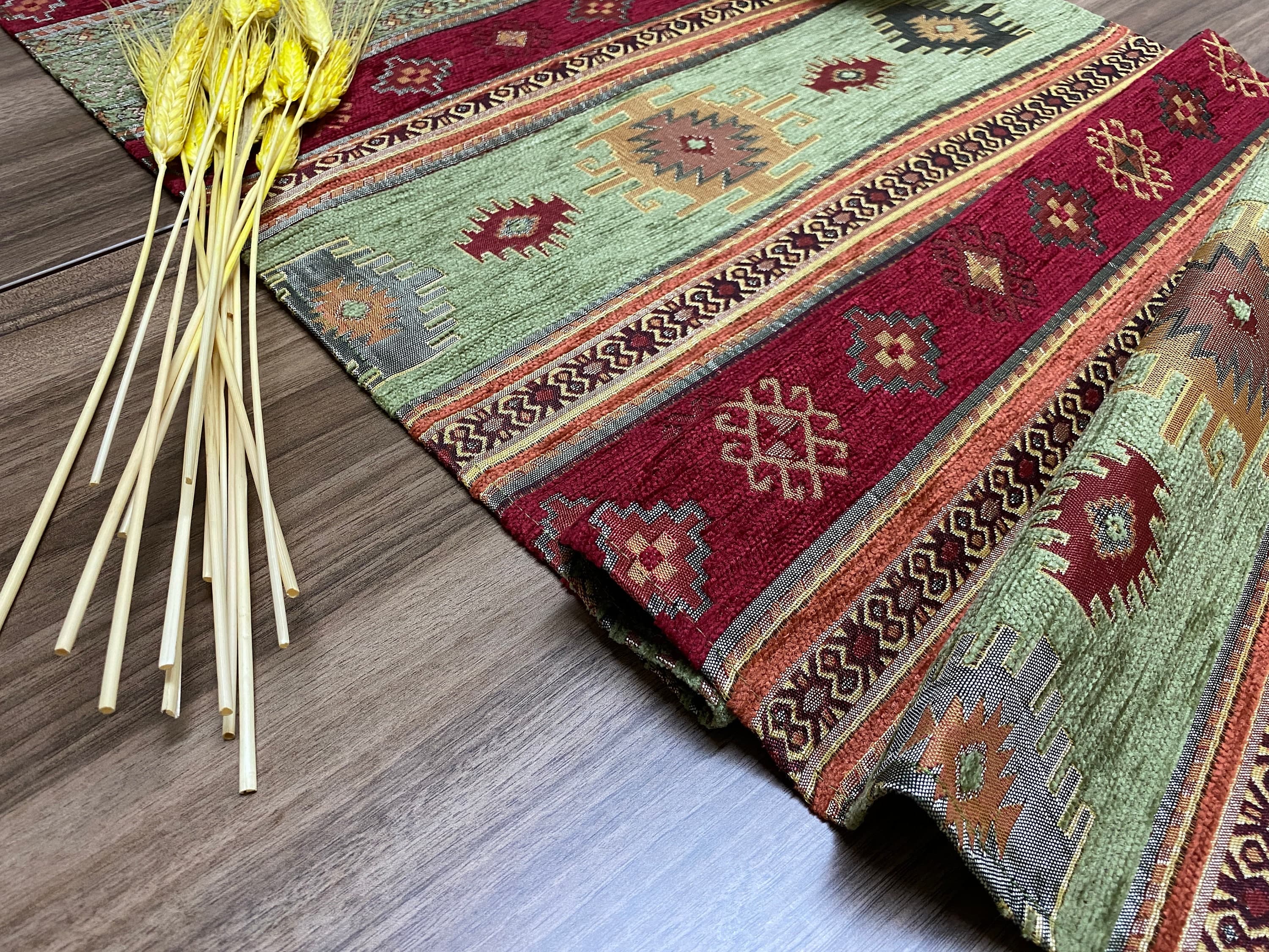 Burgundy Kilim Pattern Turkish Coffee Table Cloth Runner, Aztec Boho Wedding Oriental Table Runner, Green Diner Table Runner, RNR279 - image 4