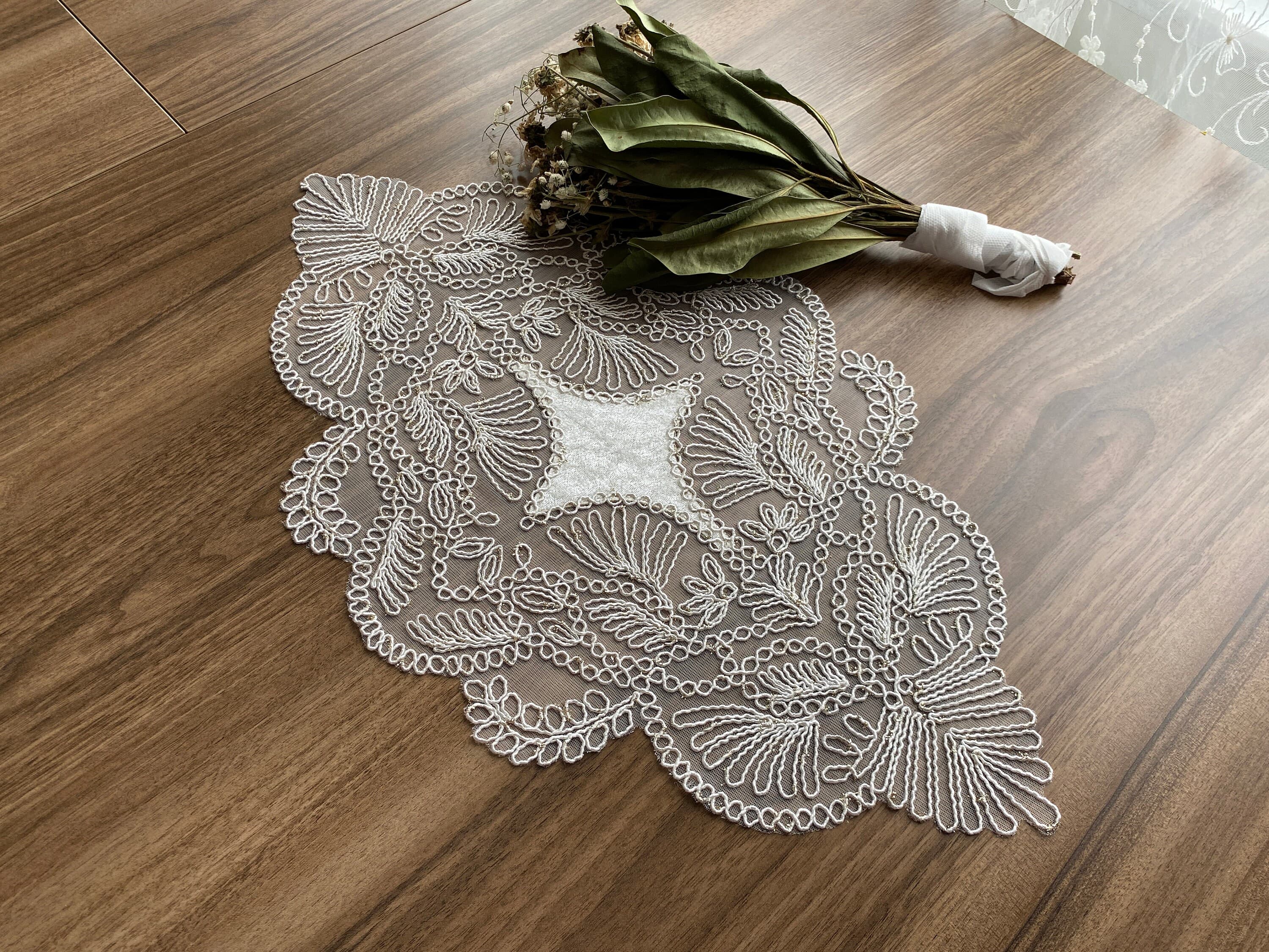 Cream French lace doily placemats, Vintage velvet lace placemats, Dainty lace doily mats, Delicate Antique style lace doily mats,  LC209