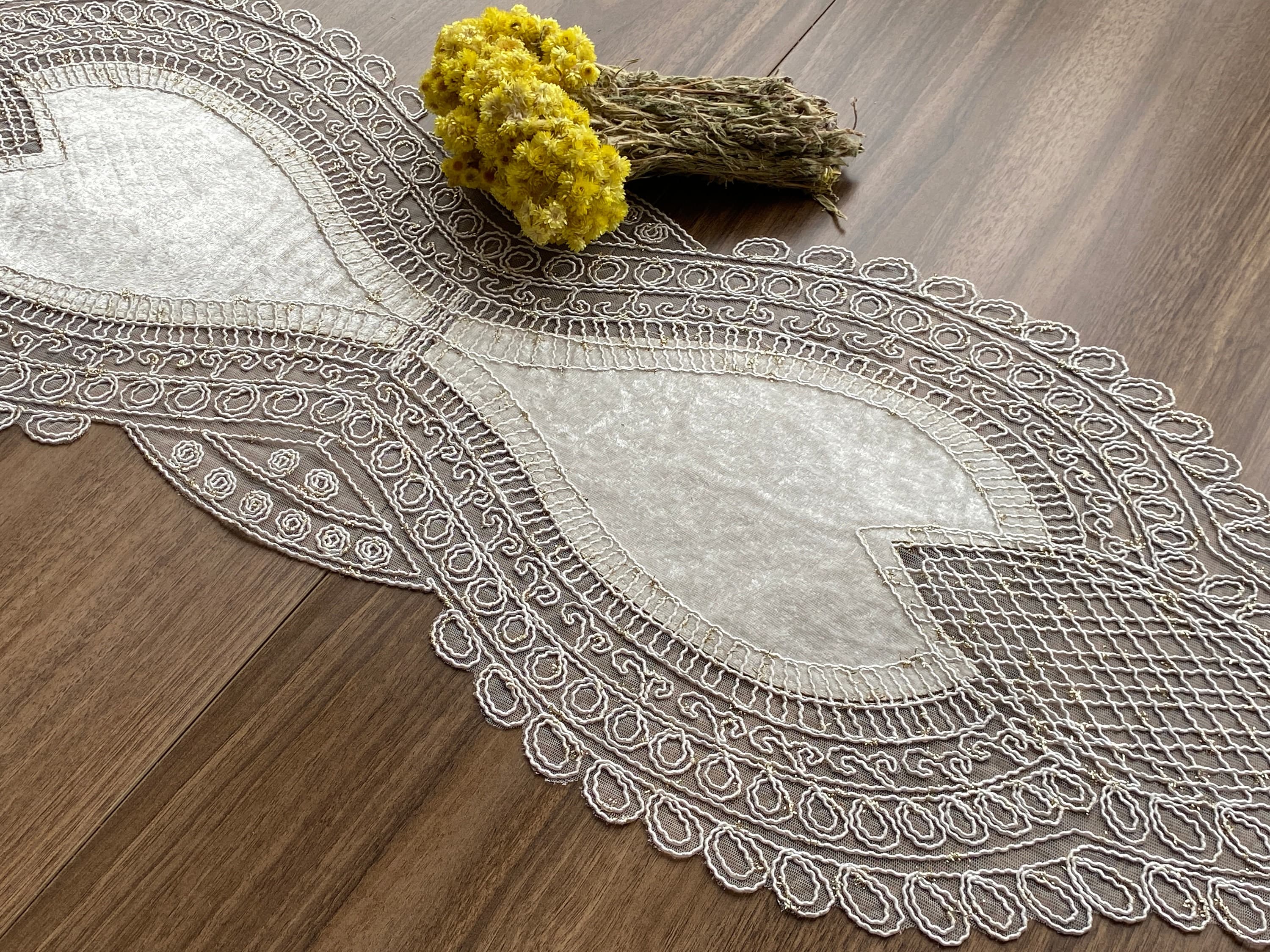 Cream French Lace Table Runner, Vintage Style French Shabby chic For Wedding Table, Rustic Lace Runner, Elegant Table Runner, LC216 - image 3