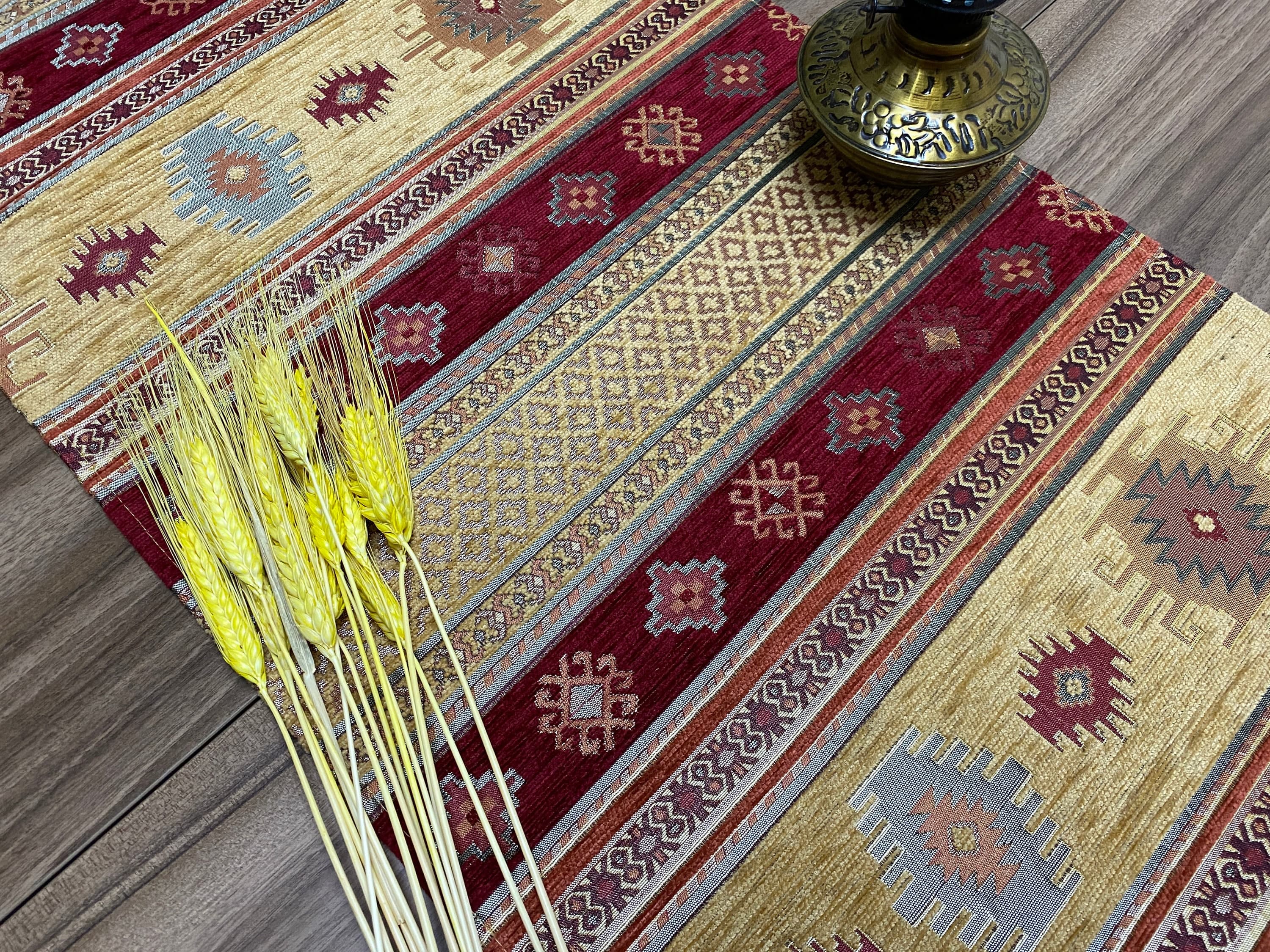 Burgundy Kilim Pattern Turkish Coffee Table Cloth Runner, Aztec Boho Wedding Oriental Table Runner, Mustard Diner Table Runner, RNR278 - image 3