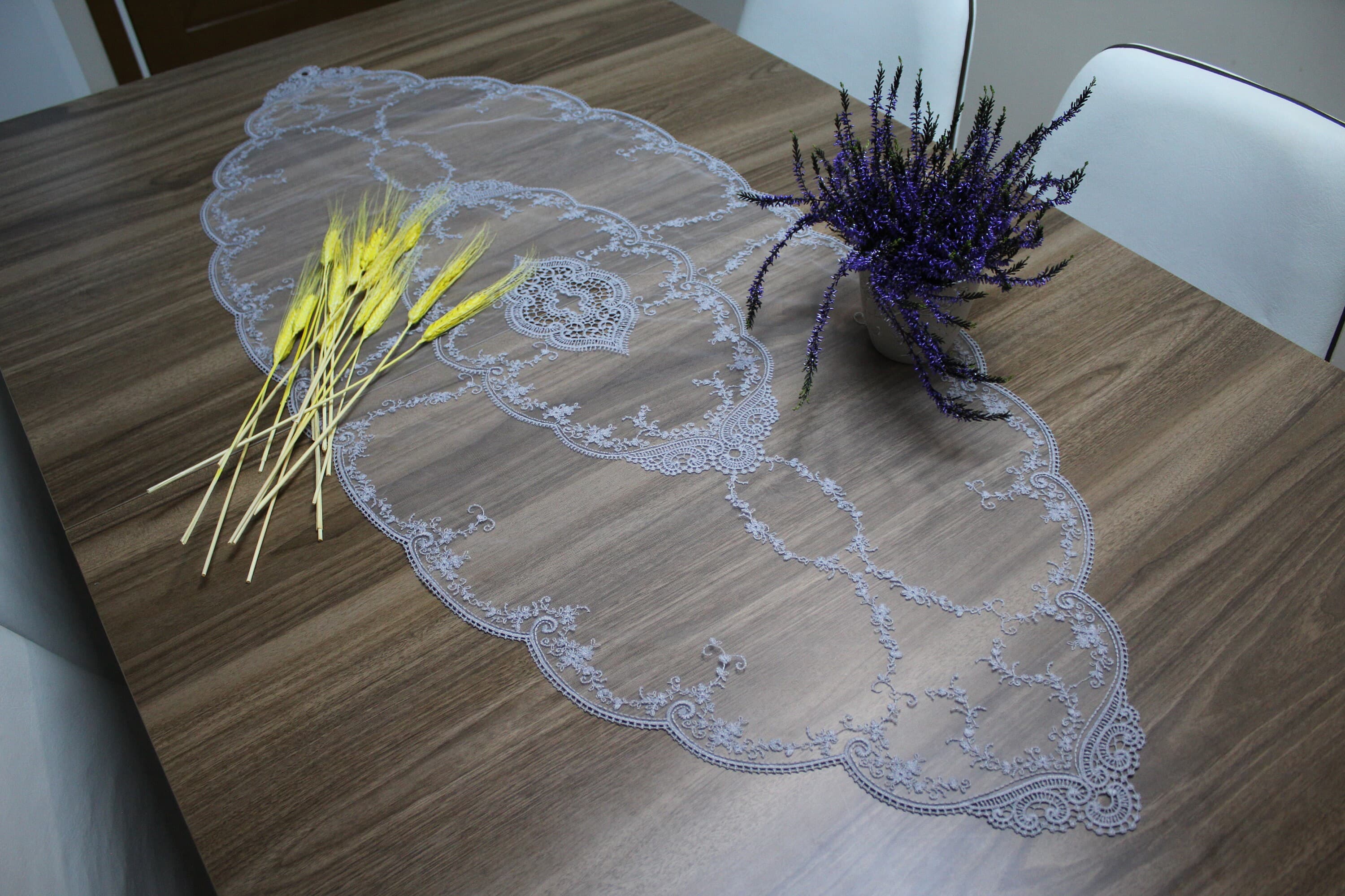 Gray French Lace Table Runner, Vintage Style French Tablecloth For Wedding Table, Linen Lace Runner Vintage, French Soft Lace,  LC109