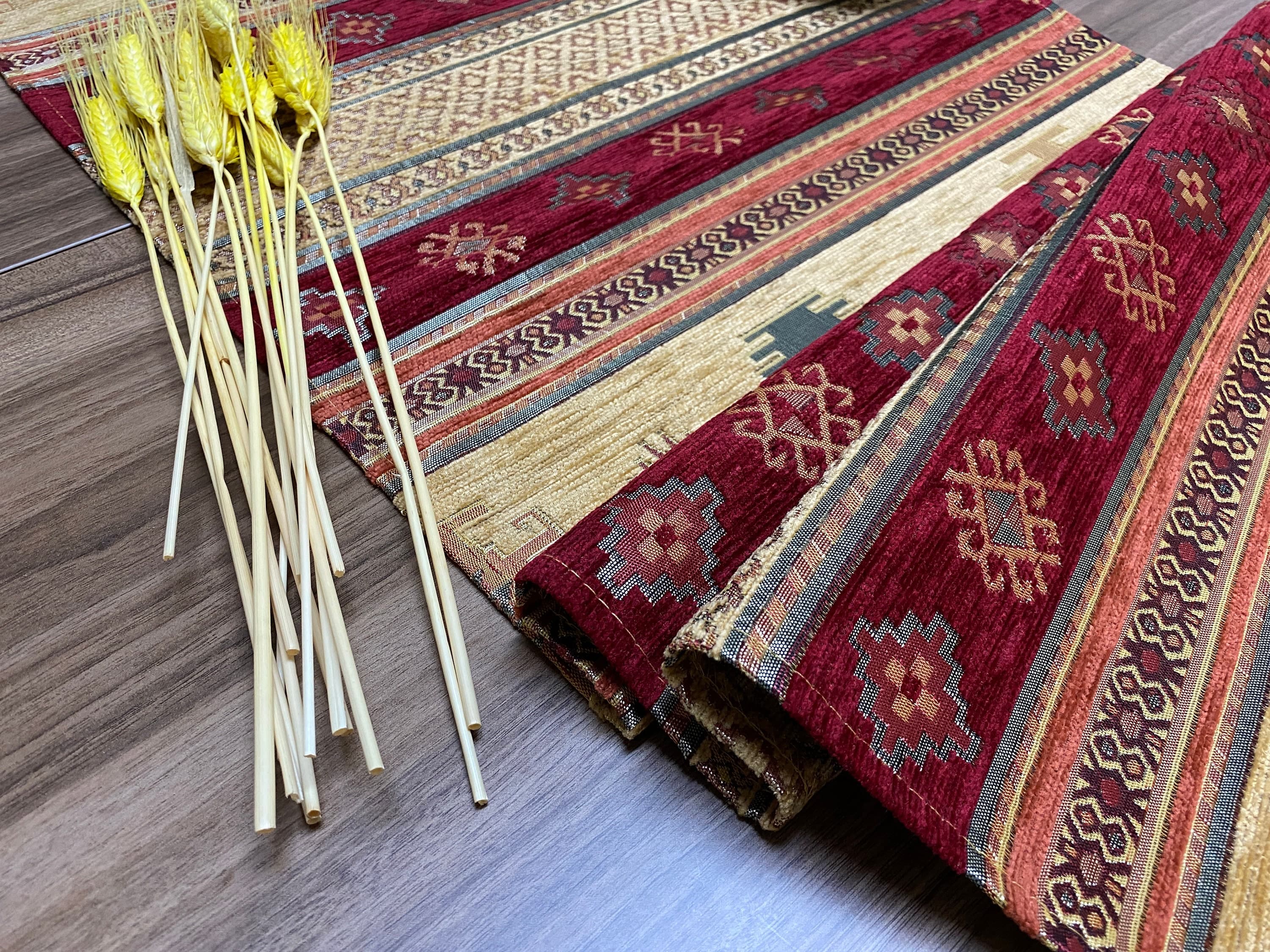 Burgundy Kilim Pattern Turkish Coffee Table Cloth Runner, Aztec Boho Wedding Oriental Table Runner, Mustard Diner Table Runner, RNR278 - image 4