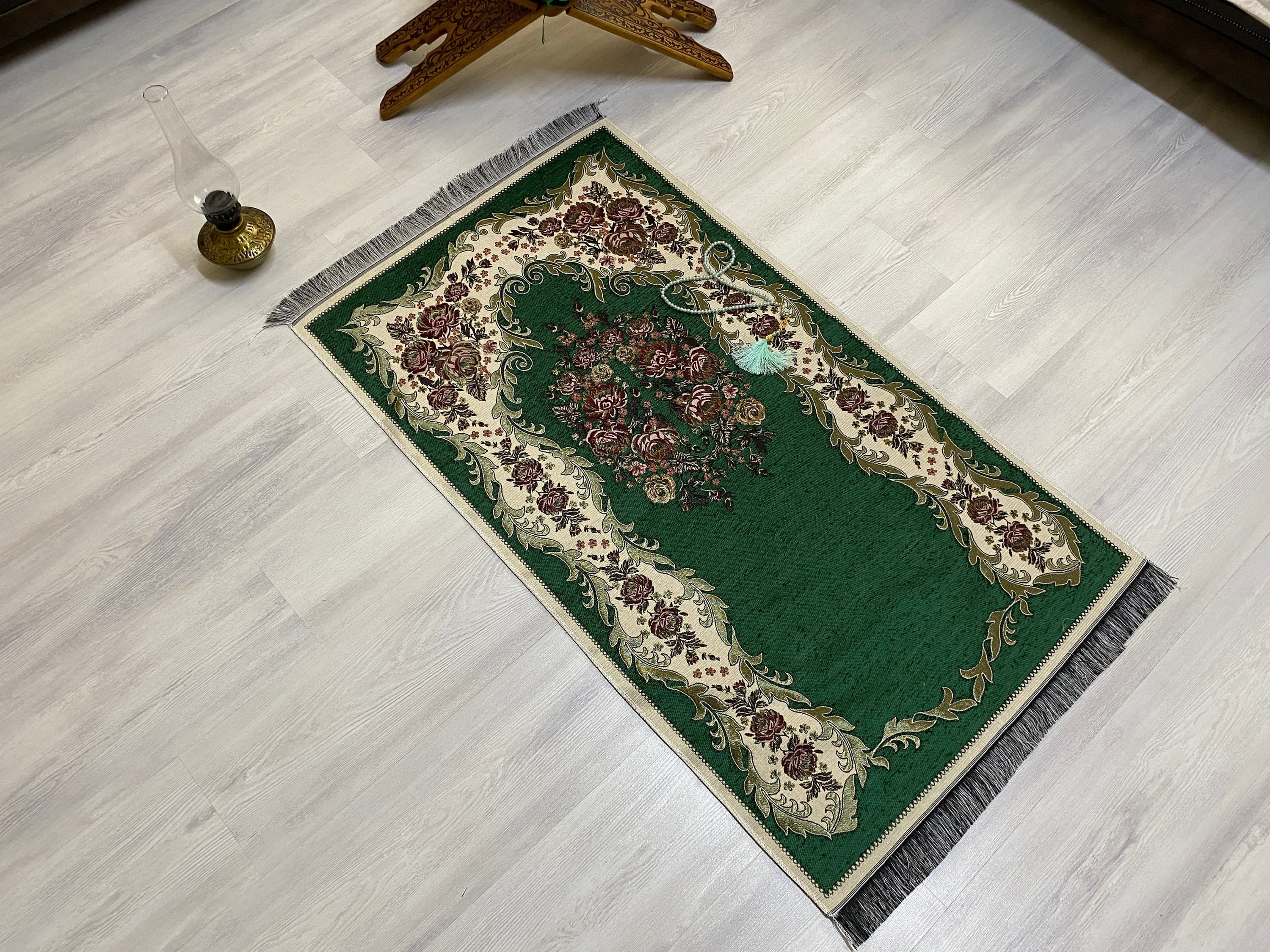 Dark Green Light Prayer Mat, Sejadah Prayer Mat with Tasbeeh,Muslim Wedding Gift, Prayer Rug, Muslim Janamaz, Islamic Gift, RNR526 - image 4