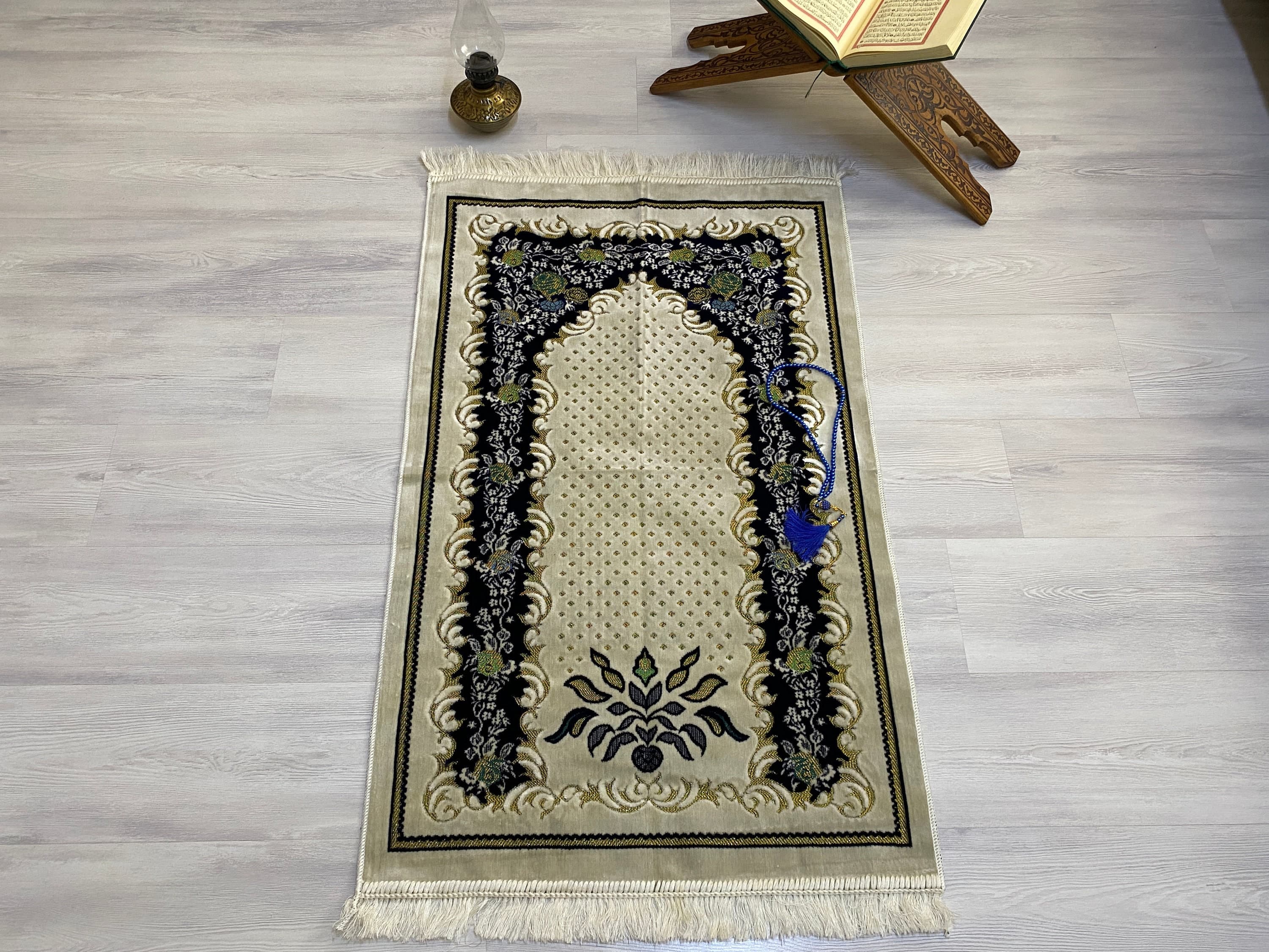Cream Dark Blue Prayer Mat, Sejadah Prayer Mat with Tasbeeh,Muslim Wedding Gift, Prayer Rug, Muslim Janamaz, Islamic Gift, RNR535 - image 3