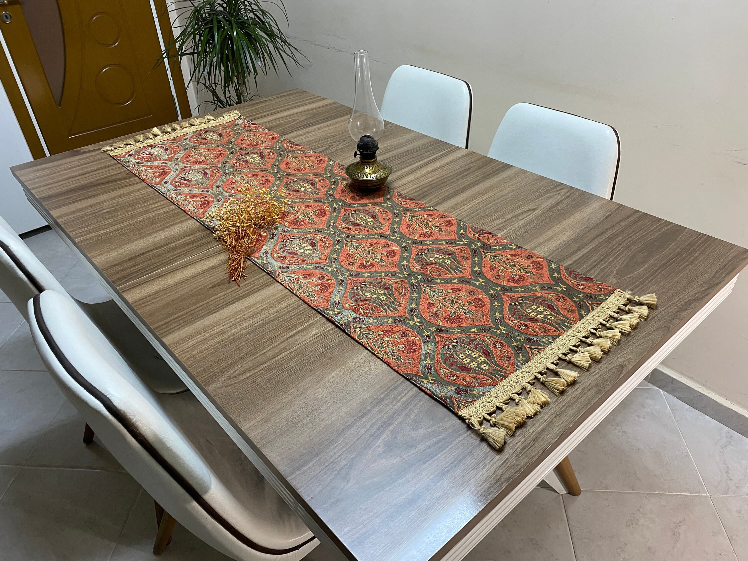 Terracotta Tulip Pattern Turkish Coffee Table Cloth Runner,  Carnation Boho Wedding Oriental Table Runner, Diner Table Runner Cloth, RNR262