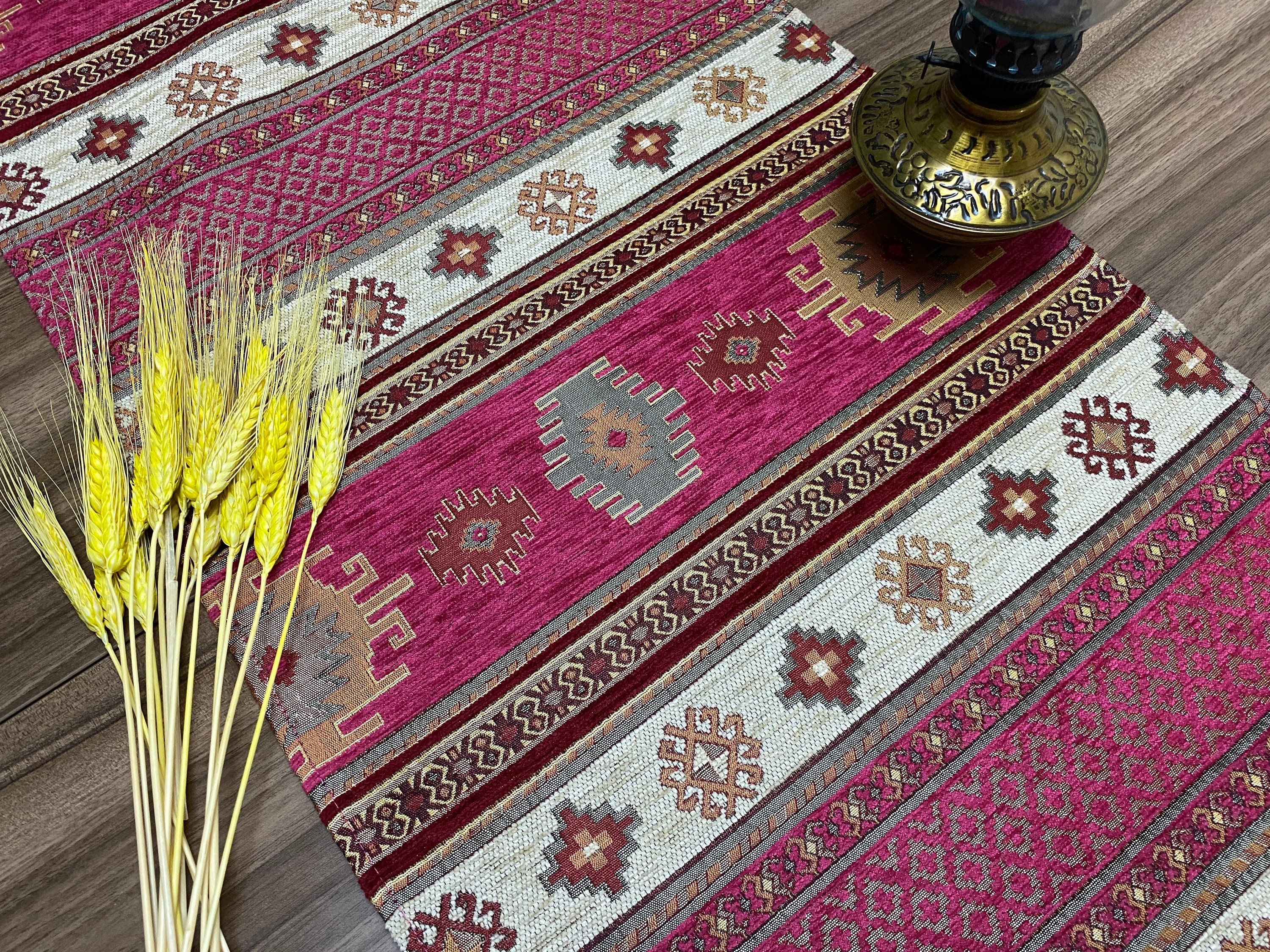 Fuchsia Kilim Pattern Turkish Coffee Table Cloth Runner, Aztec Boho Wedding Oriental Table Runner, Cream Diner Table Runner, RNR280 - image 3