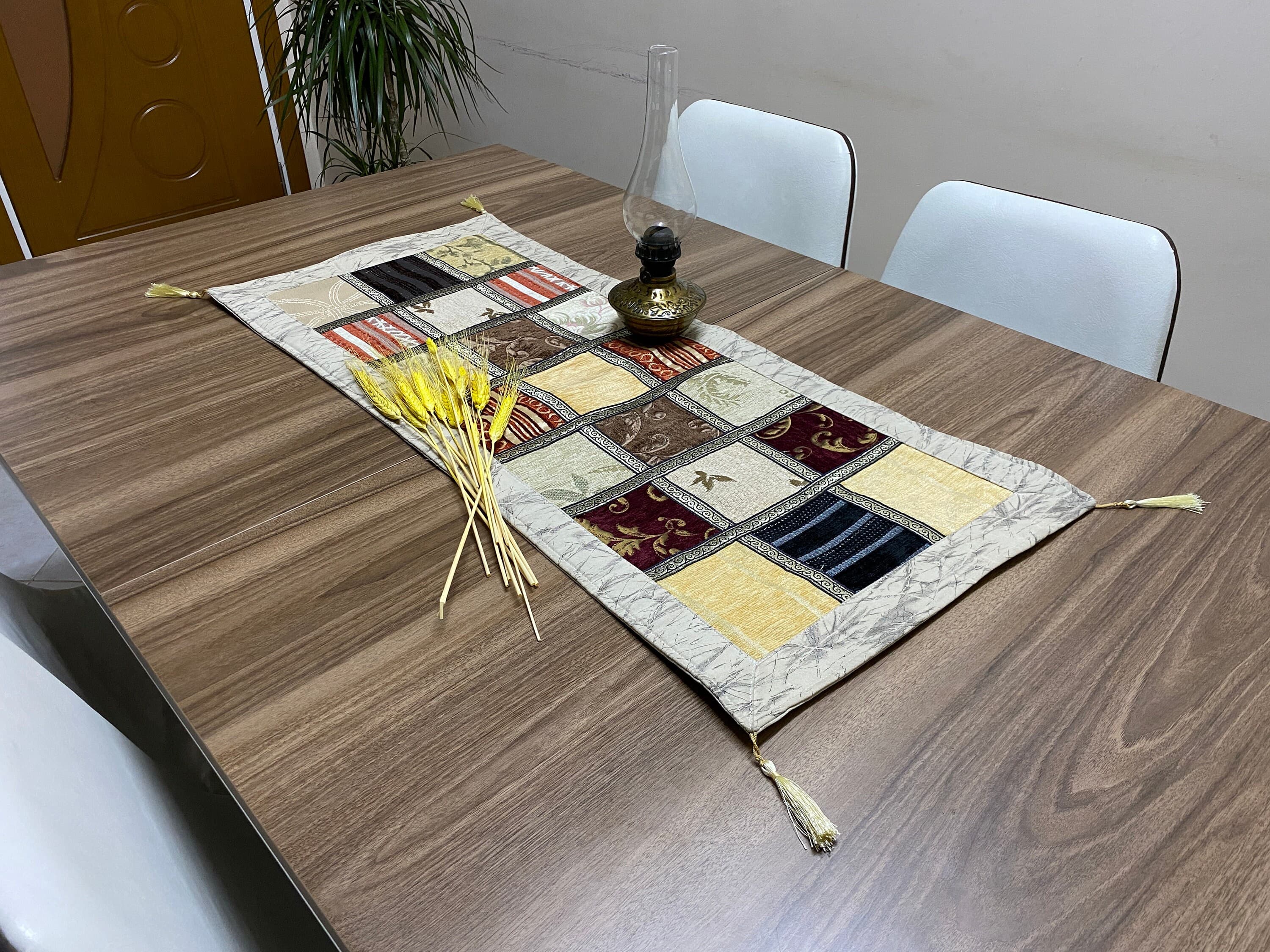Cream Farmhouse Table Runner, Patchwork Pattern Turkish Coffee Table Cloth Runner, Small  Boho Wedding Oriental Table ,  RNR355 - image 3