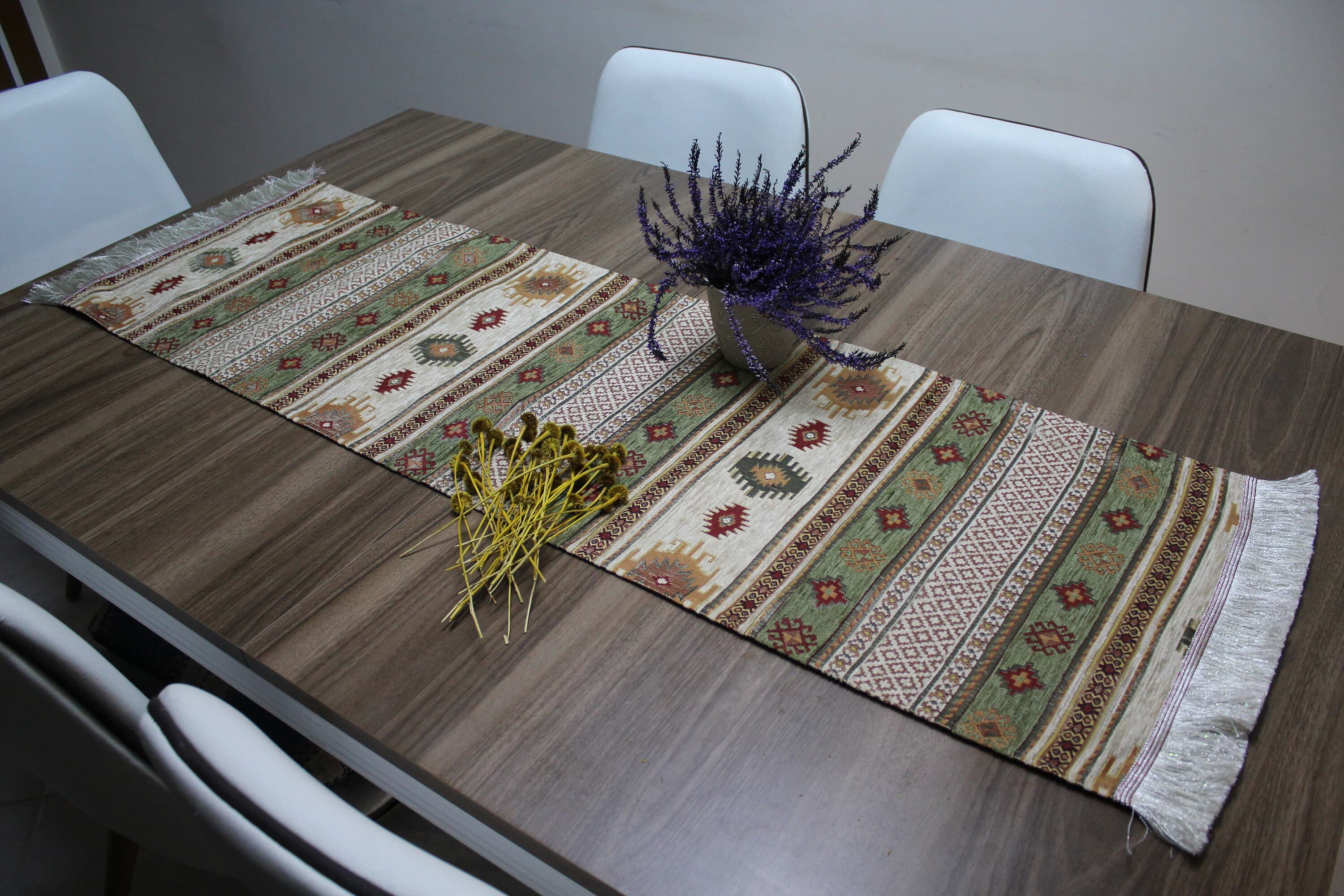Khaki Turkish  Table Cloth Runner, Cream Boho Table Runner For Wedding, Kilim Design Table Runner, Home Decor, Khaki Home Decor,  RNR138
