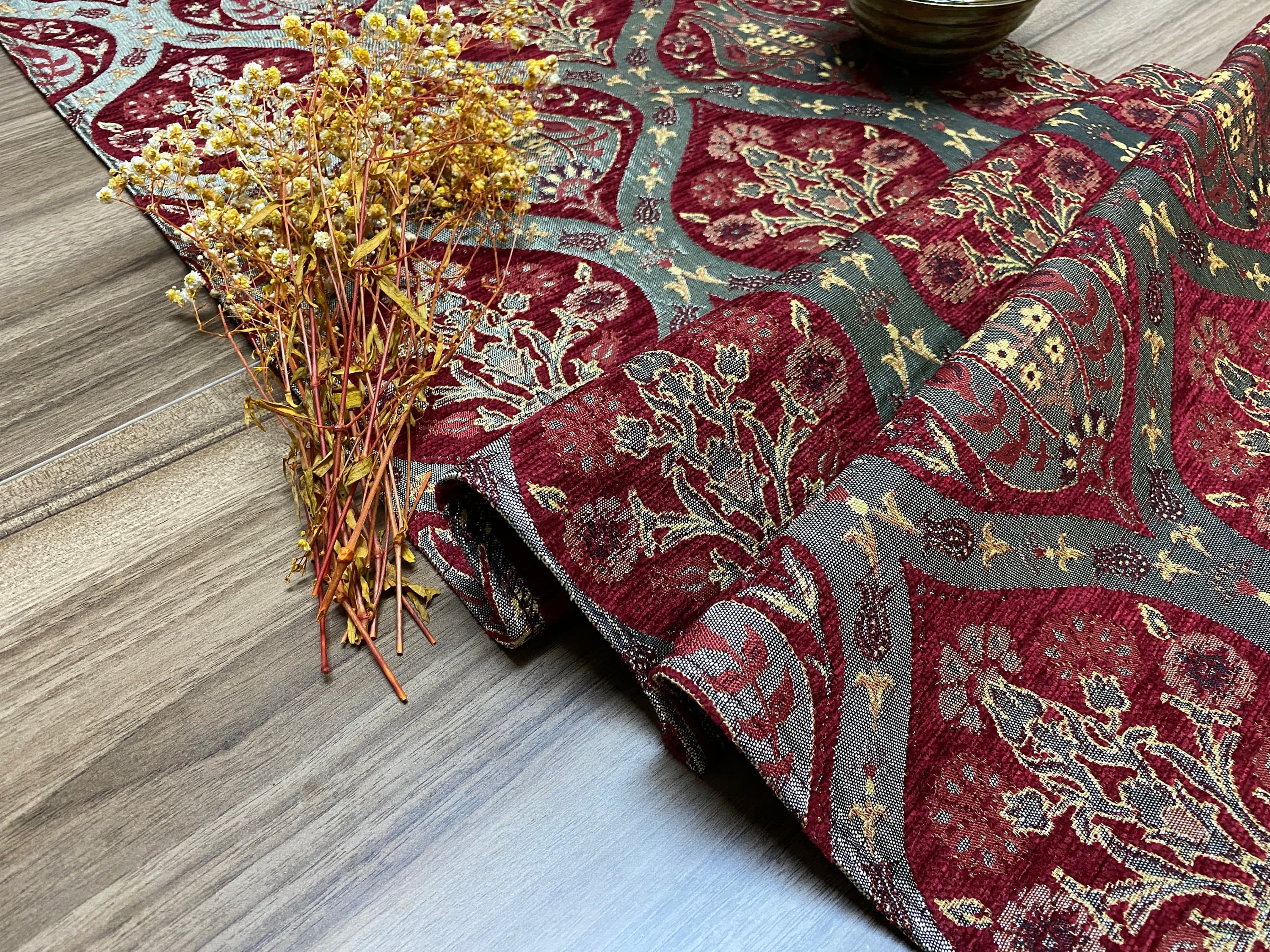 Burgundy Tulip Pattern Turkish Coffee Table Cloth Runner, Carnation Boho Wedding Oriental Table Runner, Diner Table Runner Cloth, RNR261 - image 4