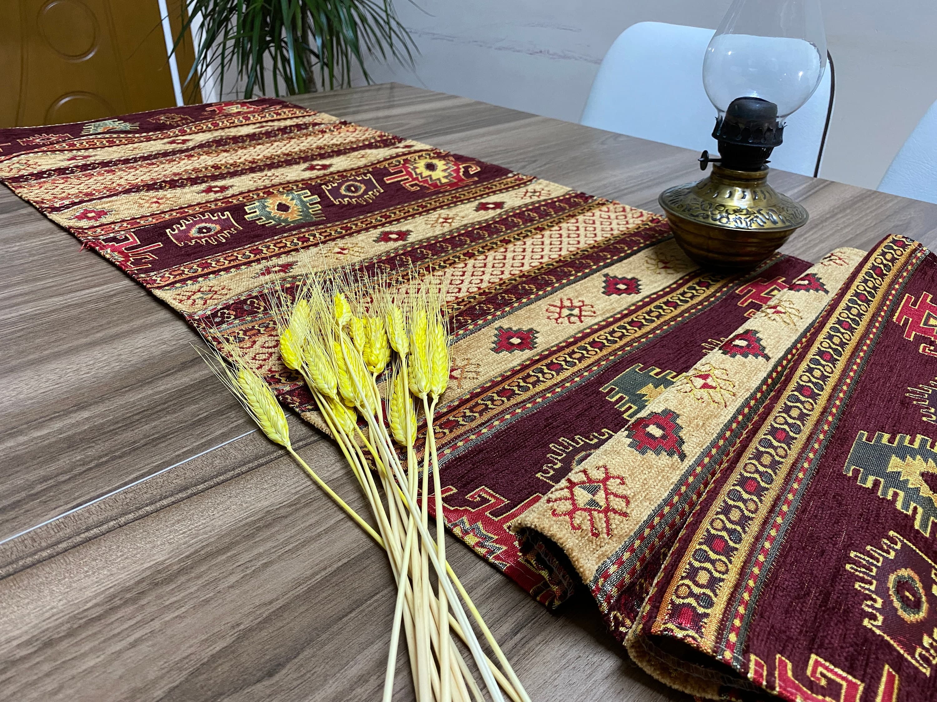 Burgundy Kilim Pattern Turkish Table Runner, Long Boho Wedding Table Decor, Aztec Mustard Farmhouse Rustic Table Runner, RNR369 - image 4