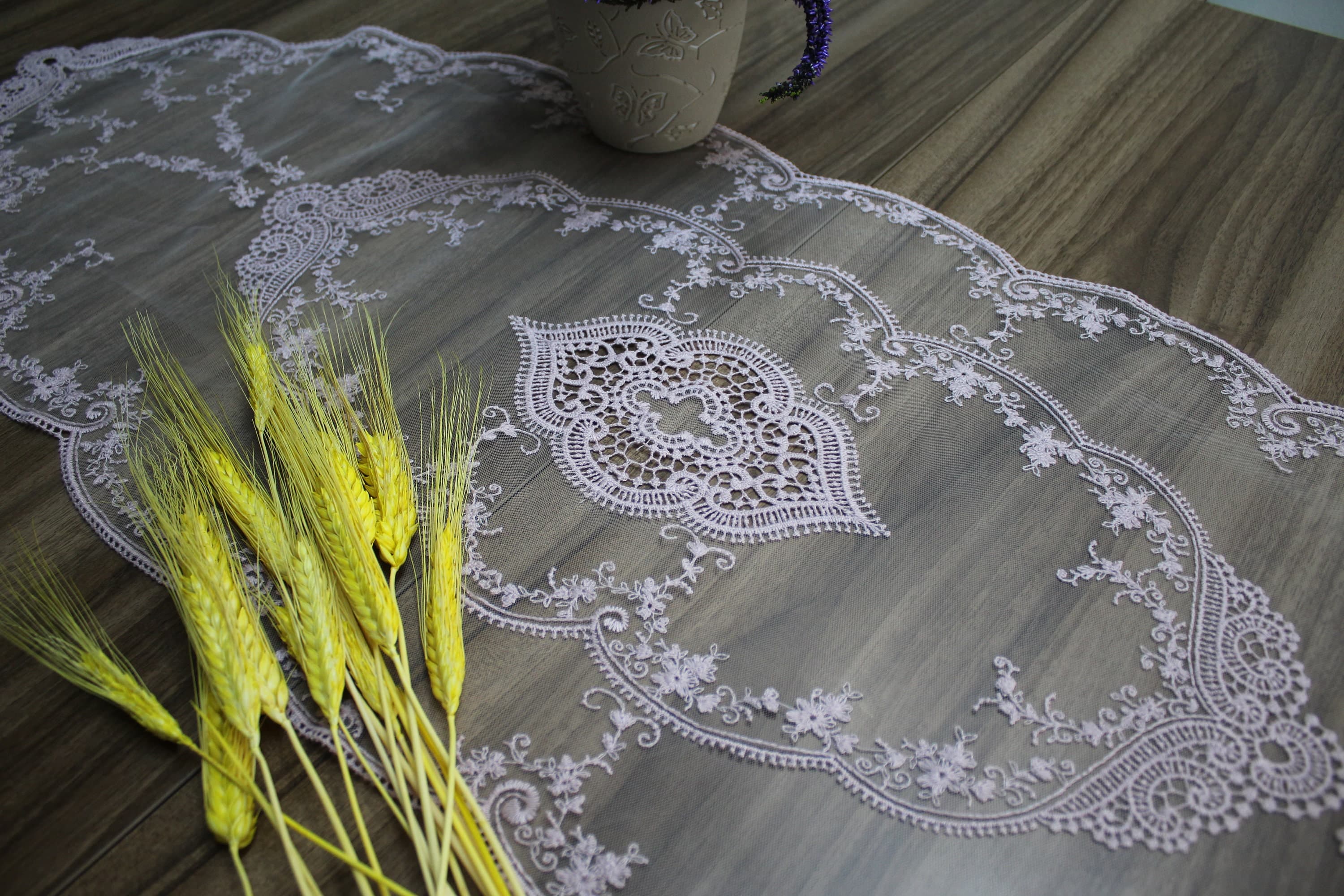 Pink French Lace Table Runner, Vintage Style French Tablecloth For Wedding Table, Linen Table Runner, Wedding Table Linens, LC129 - image 3