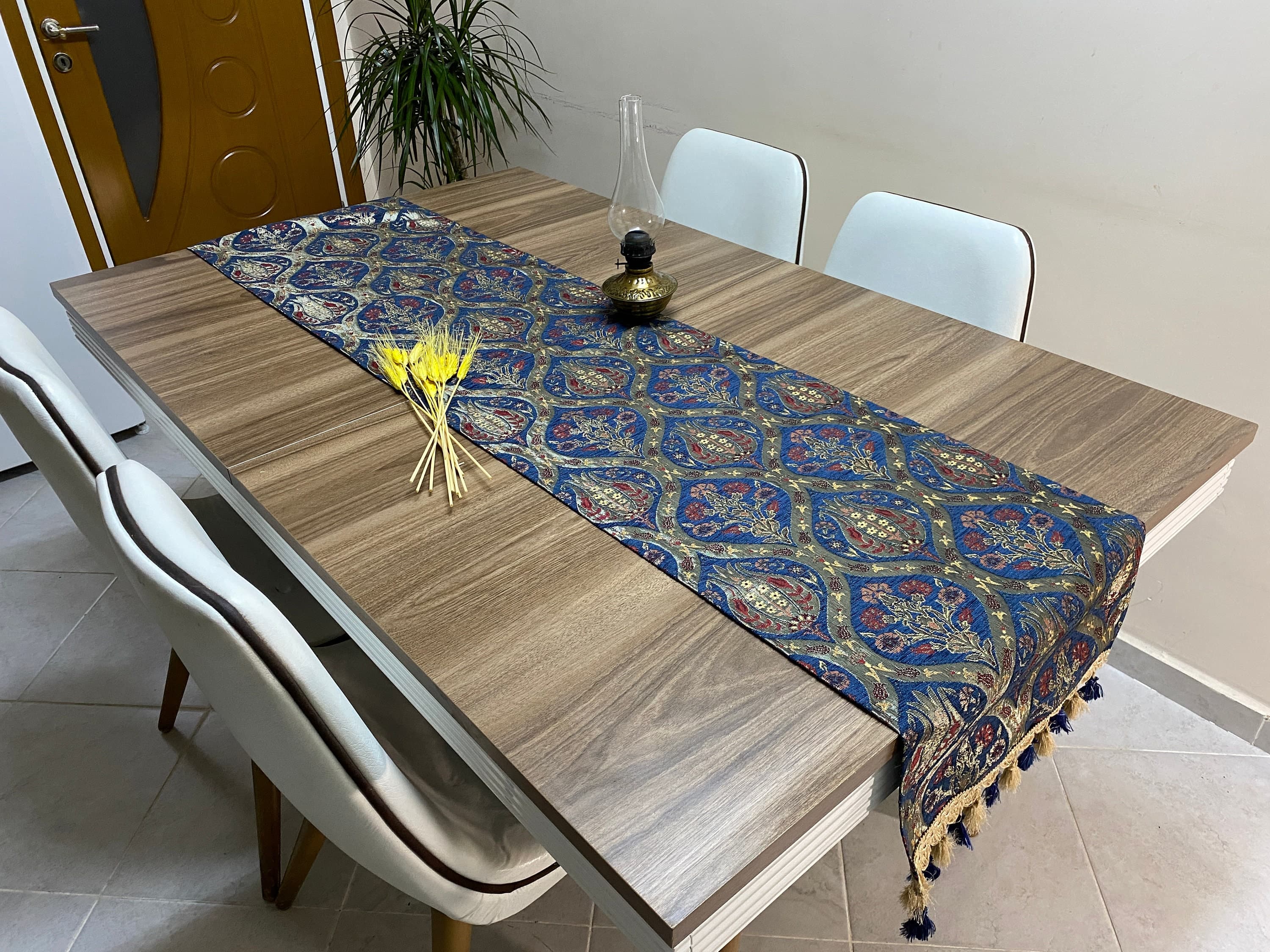 Dark Blue Tulip Pattern Turkish Table Runner, Long Boho Wedding Table Decor, Gray Carnation Farmhouse Rustic Table Runner, RNR372