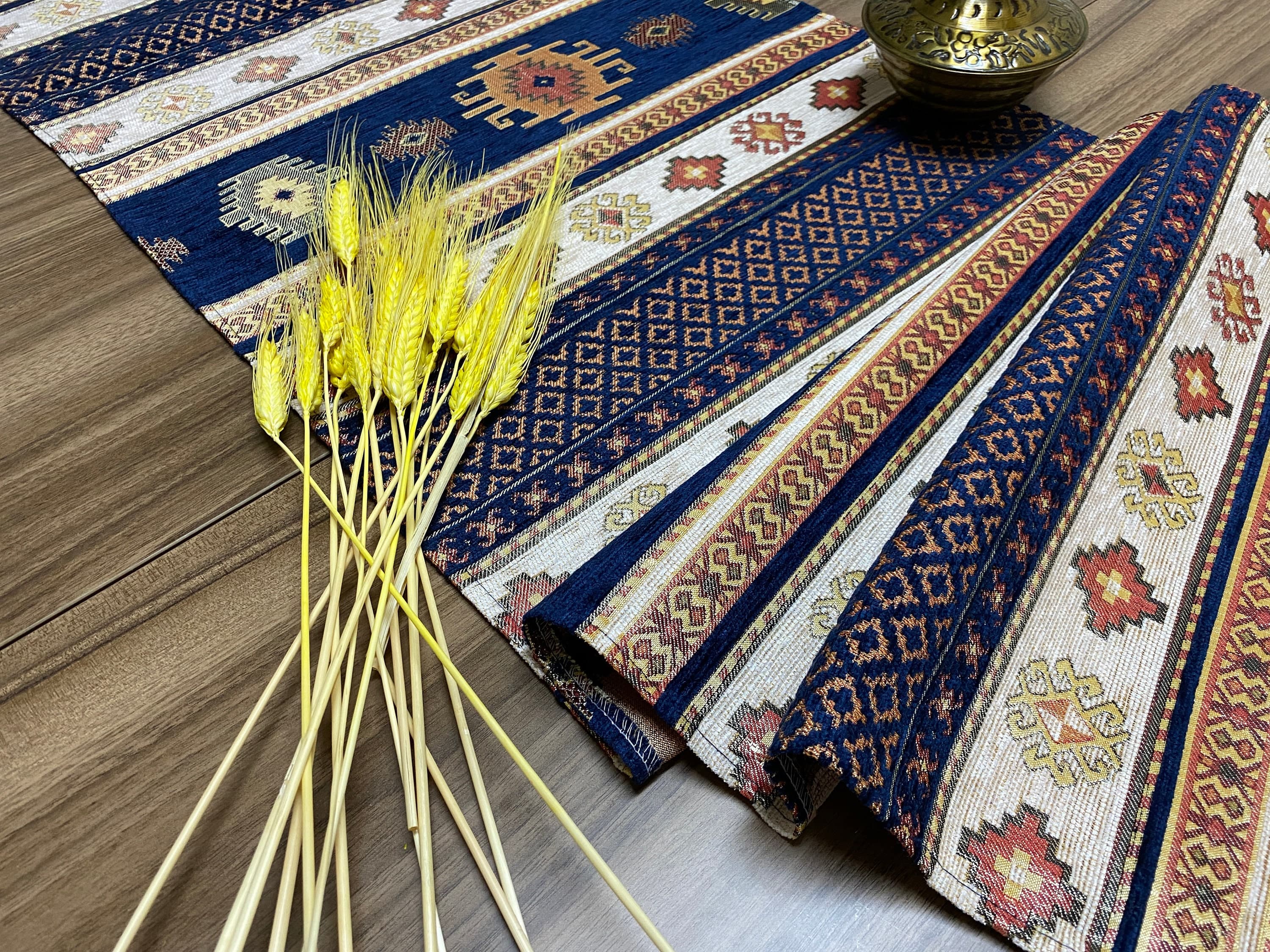 Dark Blue Kilim Pattern Turkish Coffee Table Cloth Runner,  Aztec Boho Wedding Oriental Table Runner, Cream Diner Table Runner, RNR286 - image 4