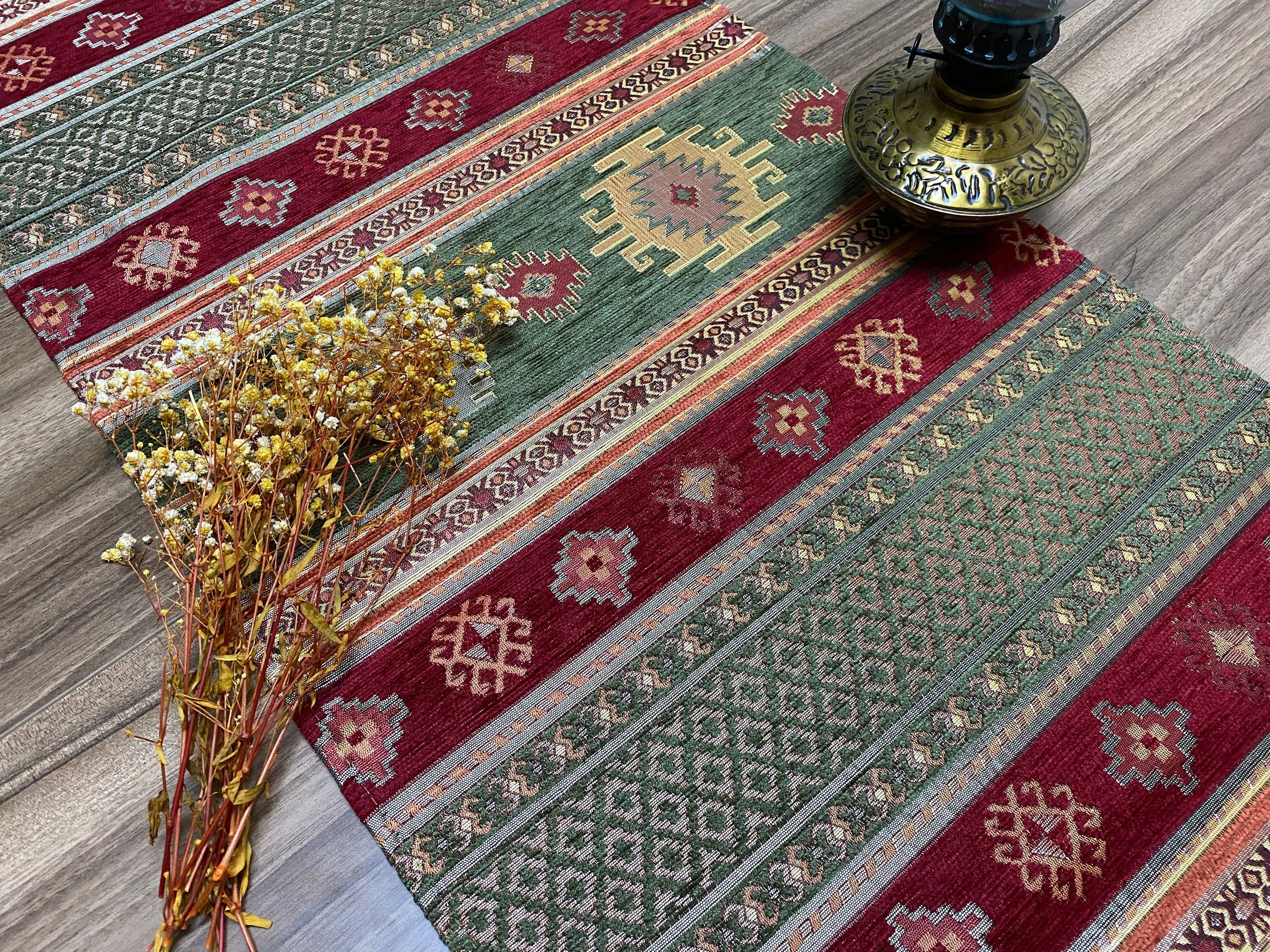 Burgundy Kilim Pattern Turkish Coffee Table Cloth Runner, Aztec Boho Wedding Oriental Table Runner, Green Diner Table Runner, RNR275 - image 3