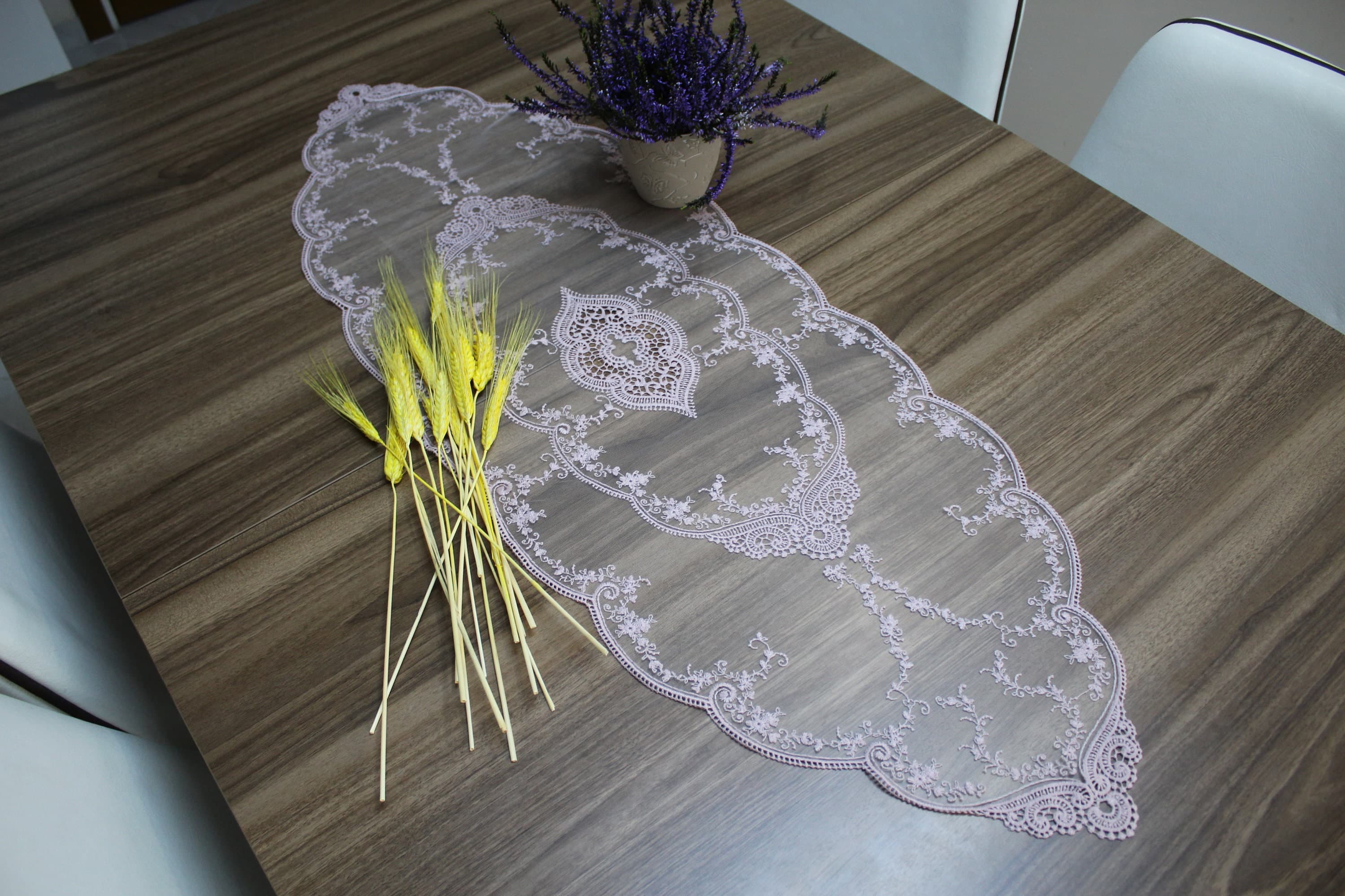 Pink French Lace Table Runner, Vintage Style French Tablecloth For Wedding Table, Linen Table Runner, Wedding Table Linens,      LC129