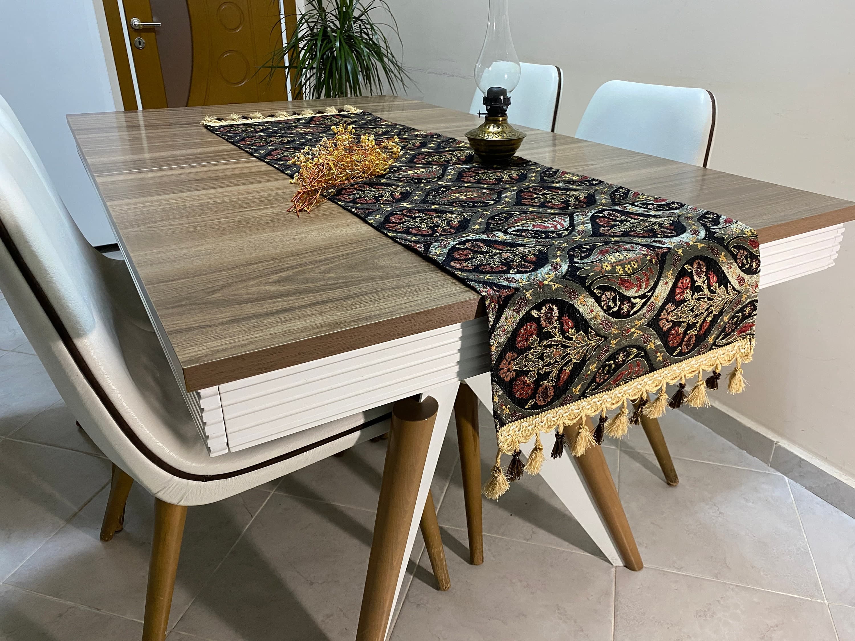 Black Tulip Pattern Turkish Coffee Table Runner,  Carnation Bohemian Wedding Oriental Table Runner, Diner Table Runner Cloth, RNR258