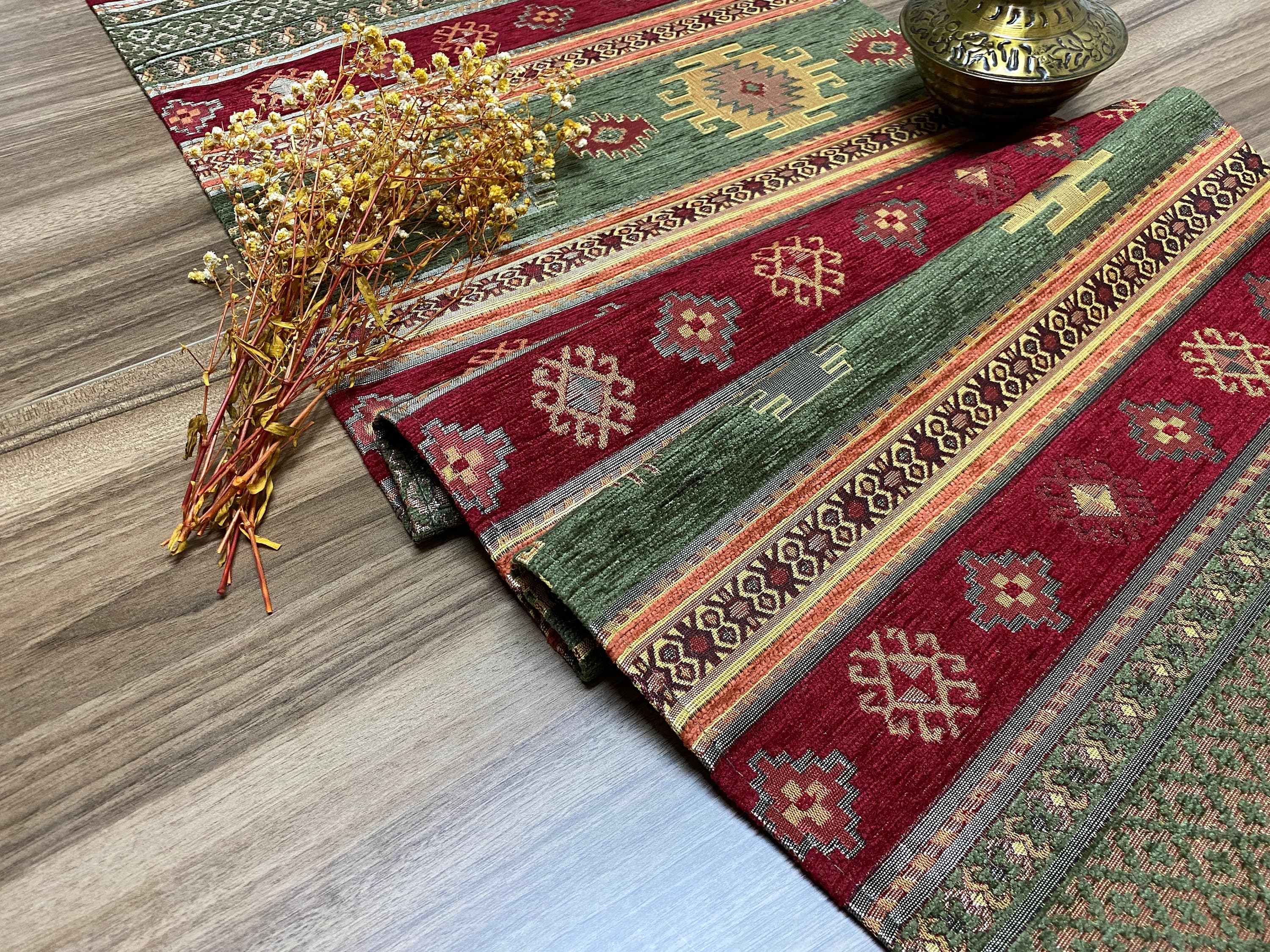Burgundy Kilim Pattern Turkish Coffee Table Cloth Runner, Aztec Boho Wedding Oriental Table Runner, Green Diner Table Runner, RNR275 - image 4