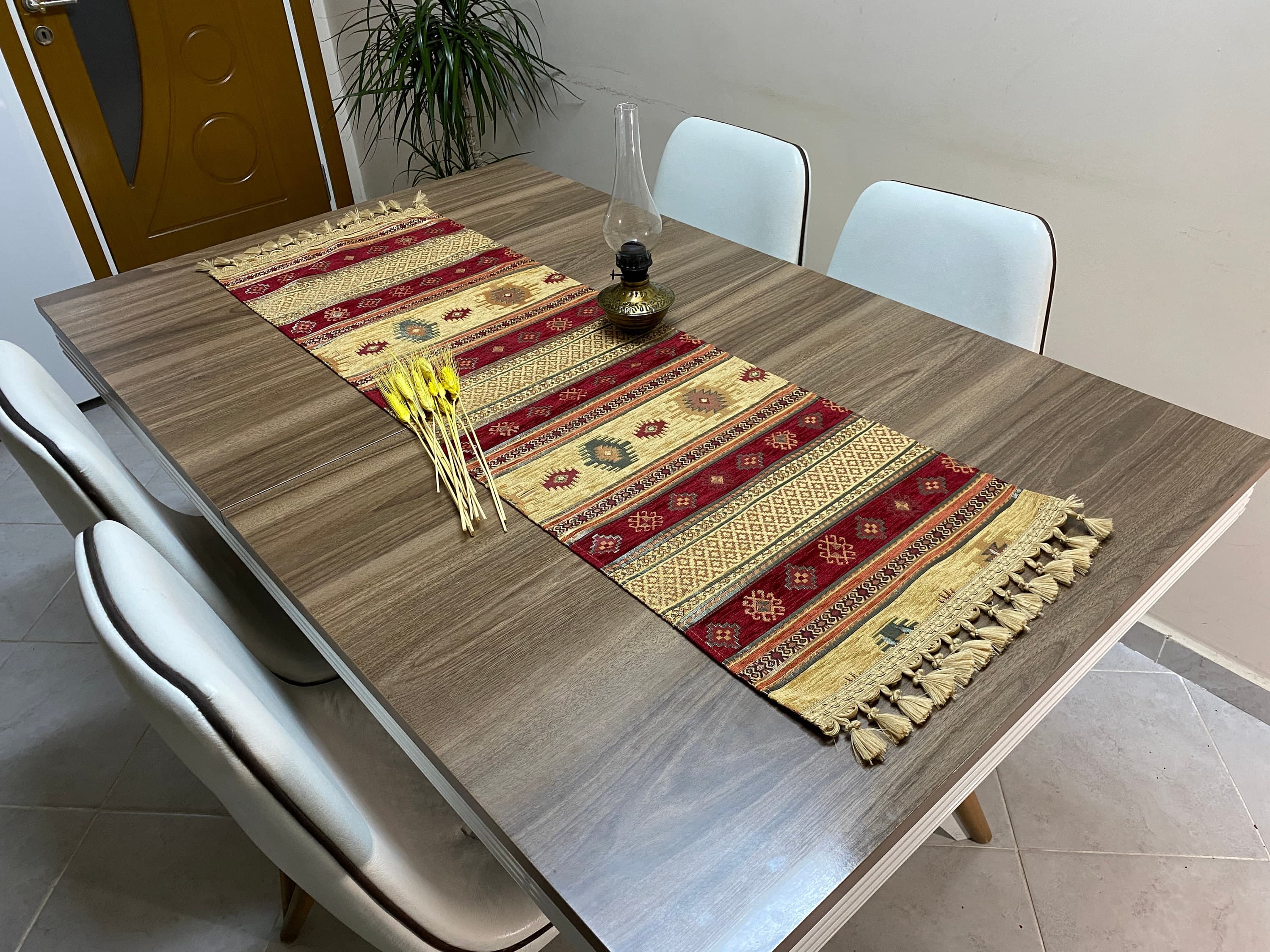 Burgundy Kilim Pattern Turkish Coffee Table Cloth Runner,  Aztec Boho Wedding Oriental Table Runner, Mustard Diner Table Runner, RNR278