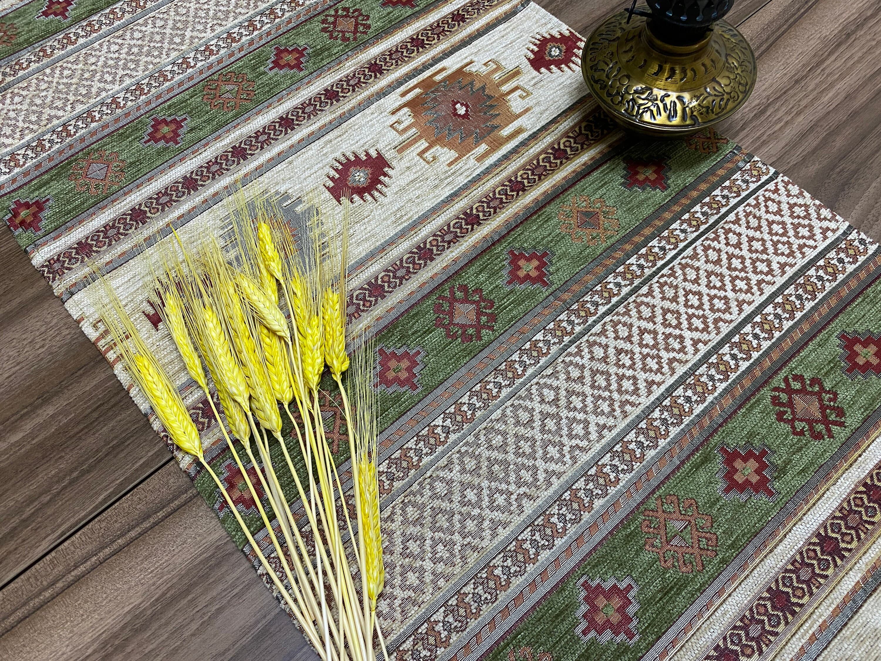Green Kilim Pattern Turkish Coffee Table Cloth Runner,  Aztec Boho Wedding Oriental Table Runner, Cream Diner Table Runner, RNR277 - image 3