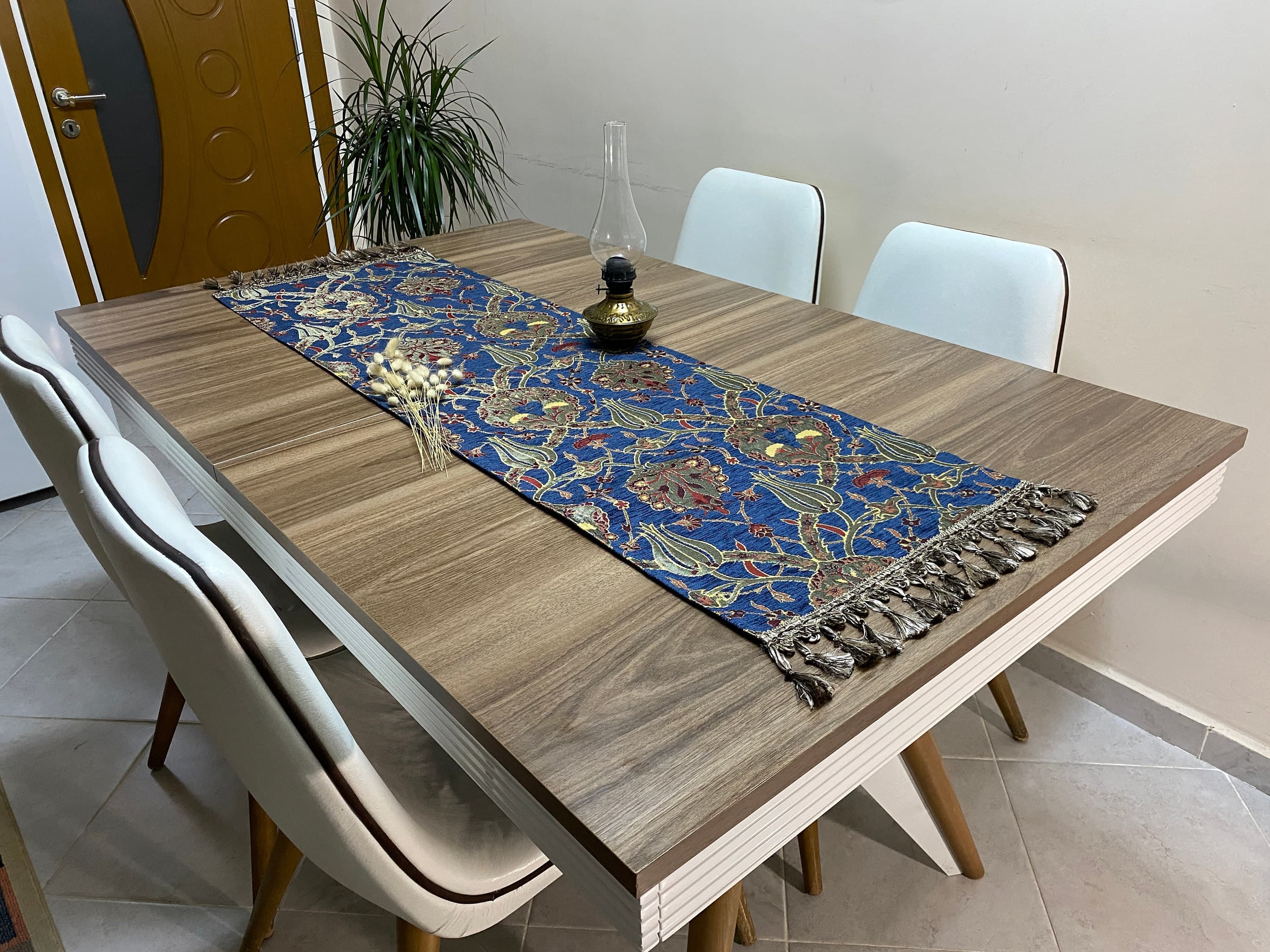 Dark Blue Turkish Coffee Table Cloth Runner, Tulip Floral Turkish Table Runner, Quality Feel Fabric, Diner Table Runner,   RNR237