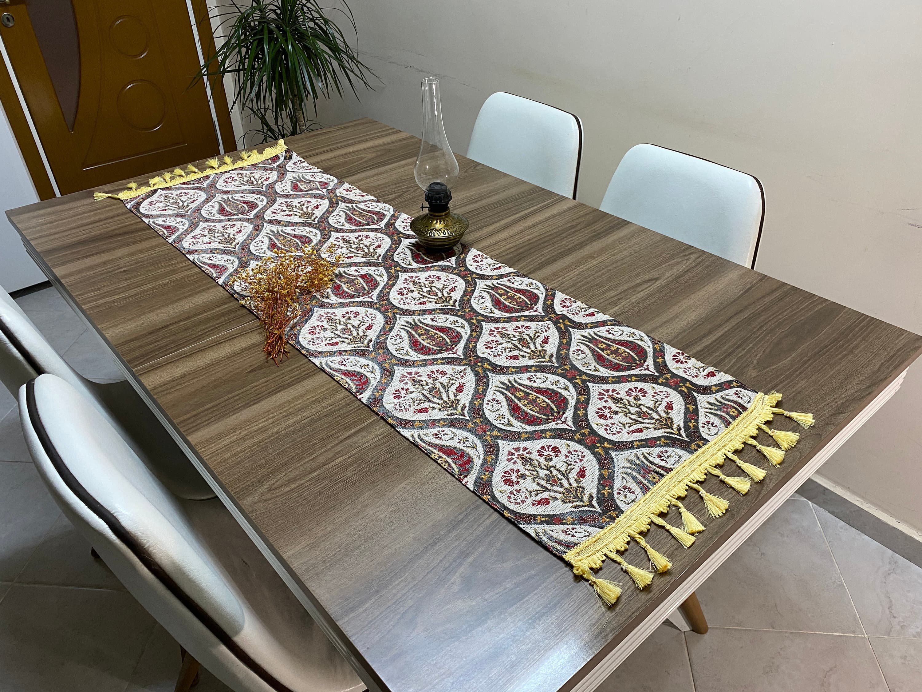 Cream Tulip Pattern Turkish Coffee Table Cloth Runner,  Carnation Boho Wedding Oriental Table Runner, Diner Table Runner Cloth, RNR263