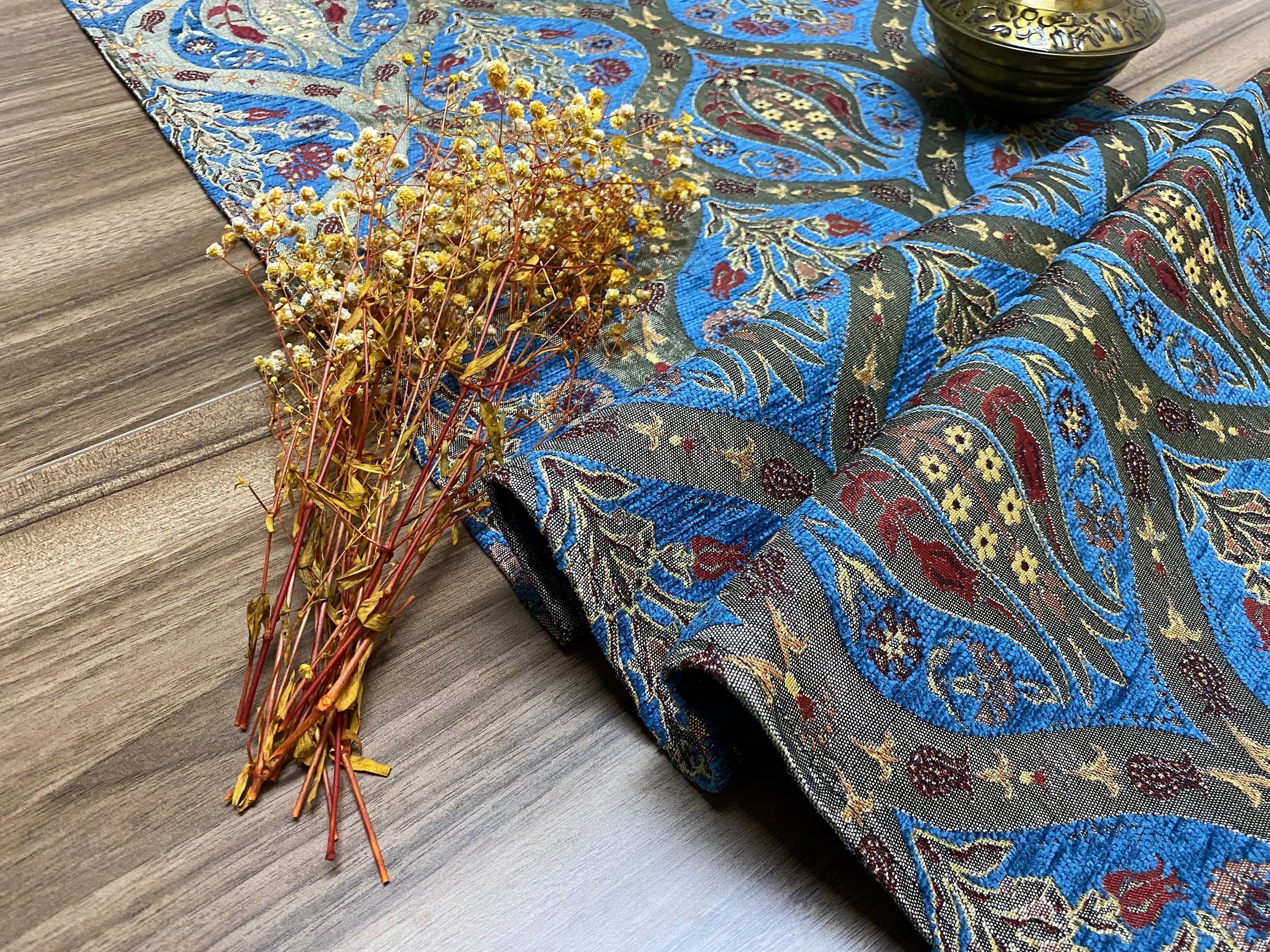 Blue Tulip Pattern Turkish Coffee Table Cloth Runner,  Carnation Boho Wedding Oriental Table Runner, Quality Diner Table Runner Cloth,RNR267 - image 4