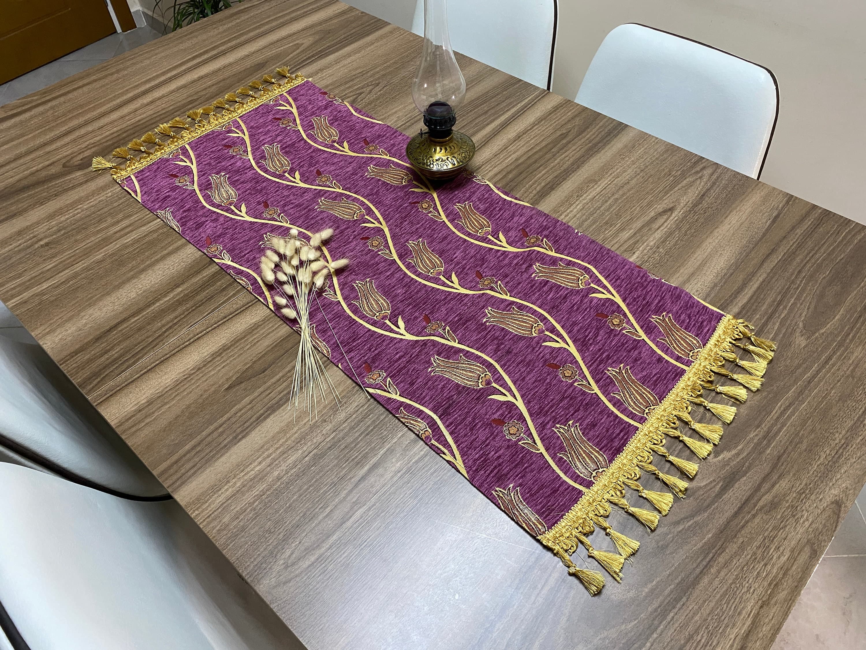Fuchsia Tulip Pattern Mini Turkish Coffee Table Cloth Runner, Magenta Home Boho Wedding Oriental Table Runner, Diner Table Runner, RNR335 - image 3