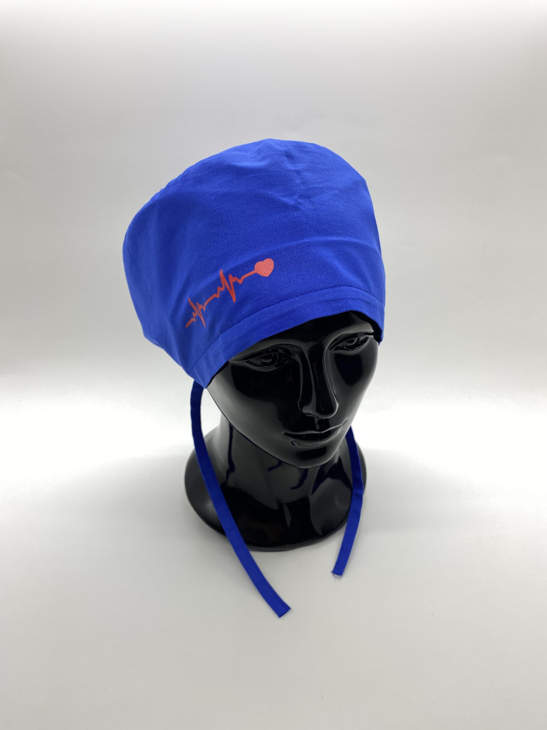 Blue Surgical Scrub Cap Hat with Buttons Bouffant, Surgical Hat for Women with Long Hair, Electrocardiogram Print Cotton Scrub Cap,  HAT200
