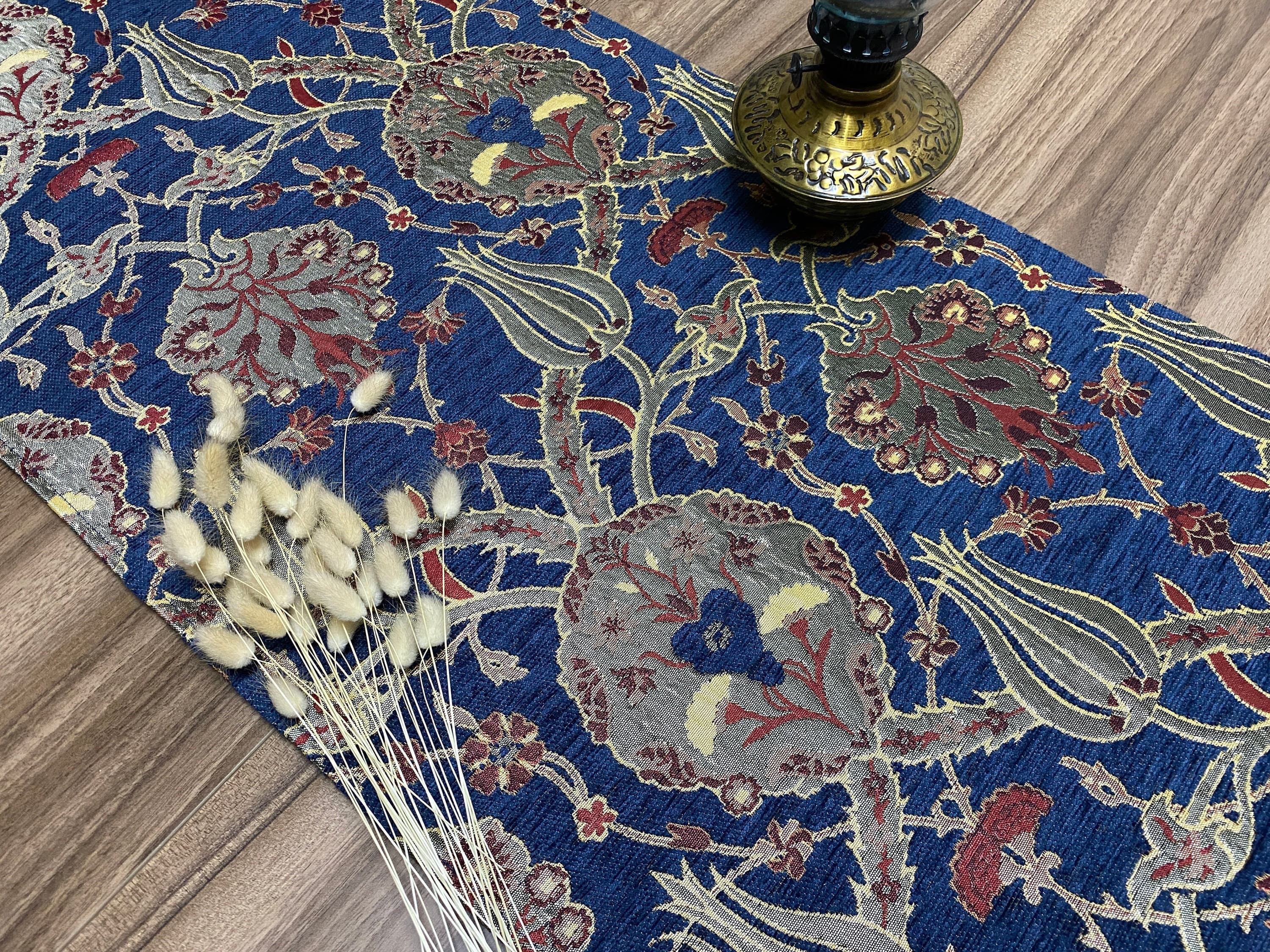 Dark Blue Turkish Coffee Table Cloth Runner, Tulip Floral Turkish Table Runner, Quality Feel Fabric, Diner Table Runner, RNR237 - image 3