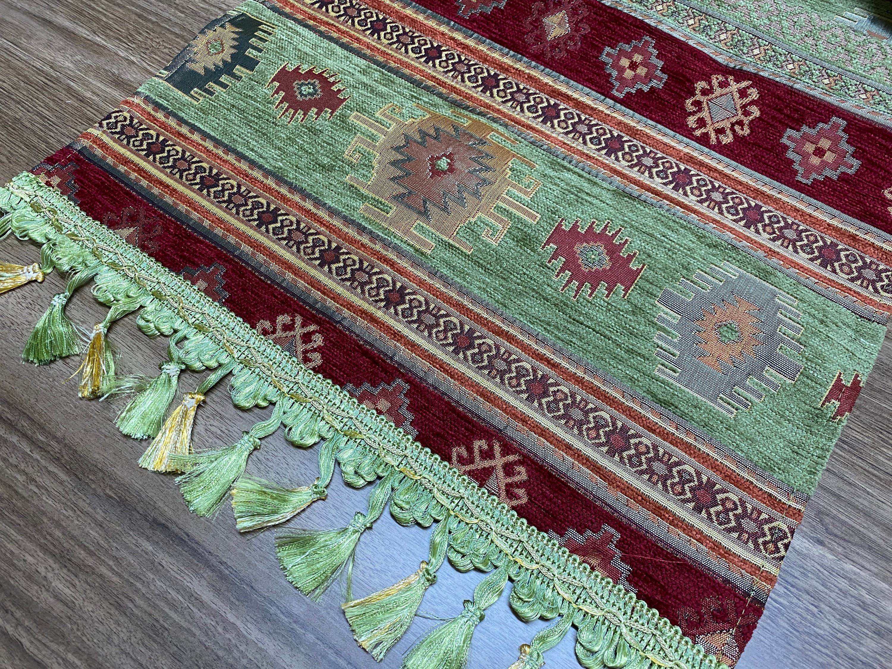Burgundy Kilim Pattern Turkish Coffee Table Cloth Runner, Aztec Boho Wedding Oriental Table Runner, Green Diner Table Runner, RNR279 - image 5